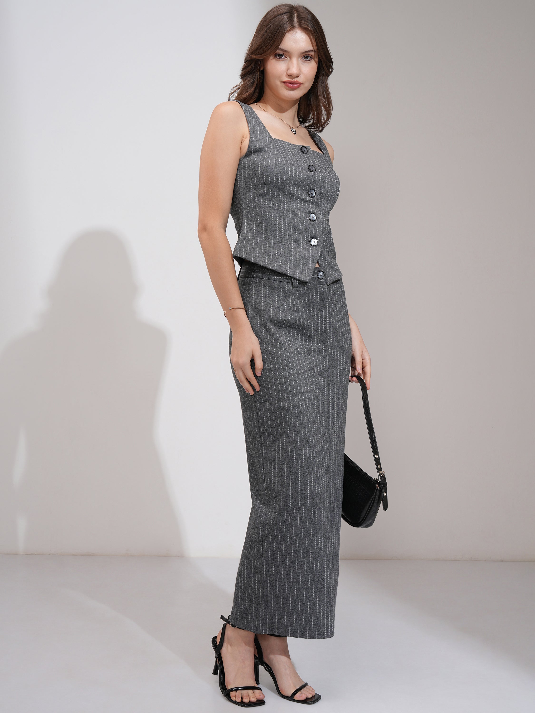 Tokyo Talkies Women Grey Coat With Skirt Co-Ords - Grey - Image 6