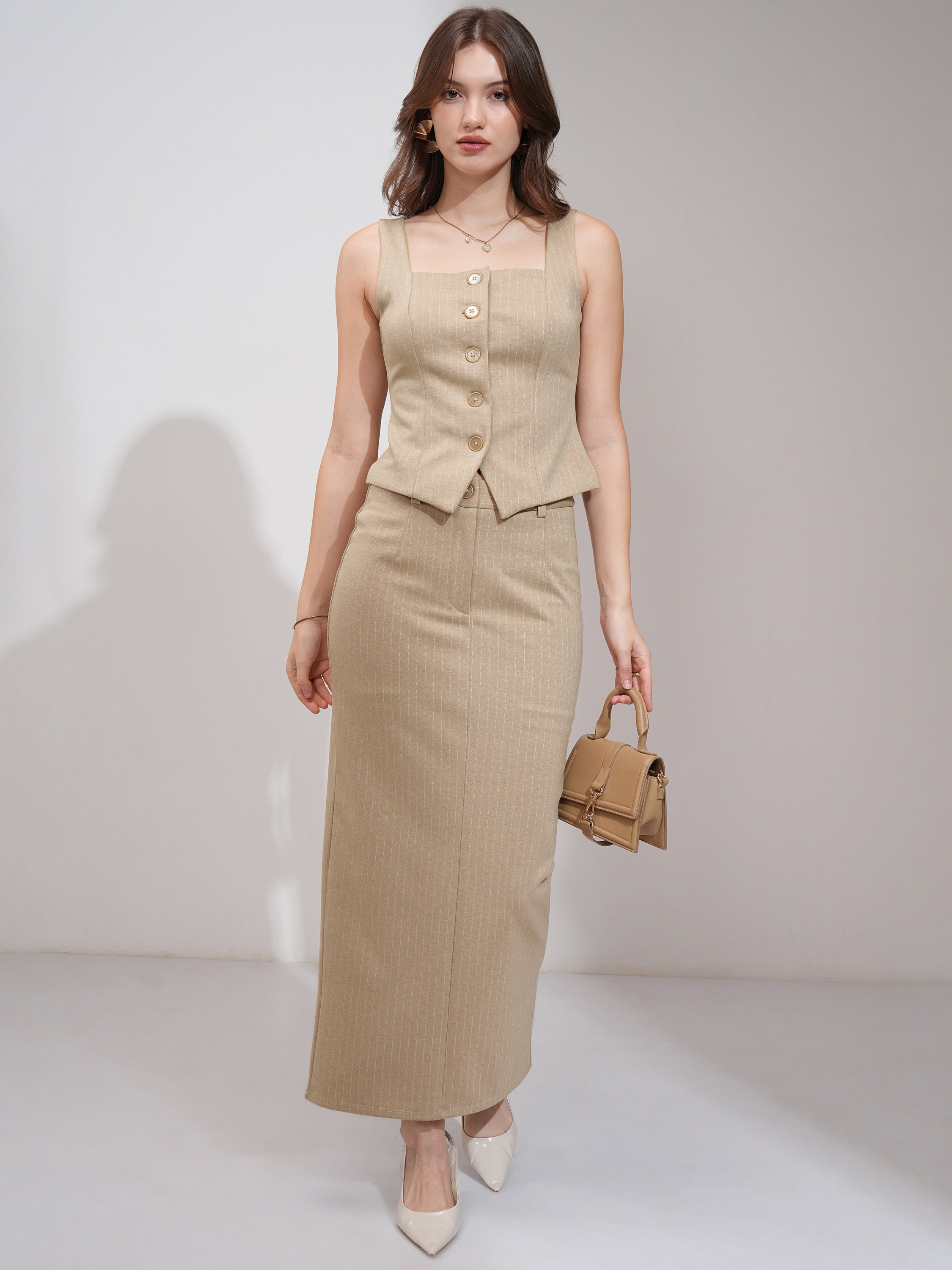 Tokyo Talkies Women Beige Coat With Skirt Co-Ords - Beige - Image 2
