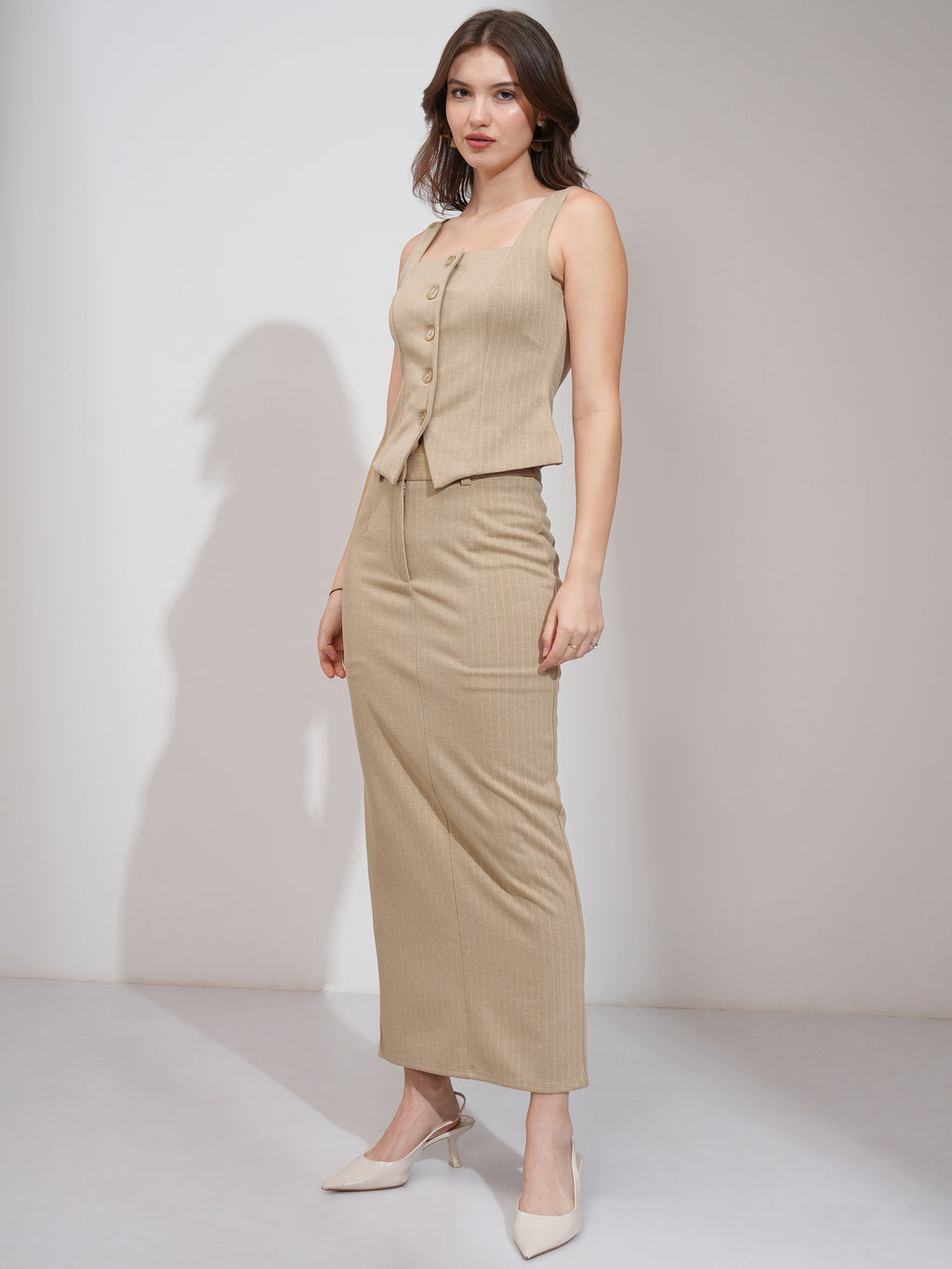 Tokyo Talkies Women Beige Coat With Skirt Co-Ords - Beige - Image 4