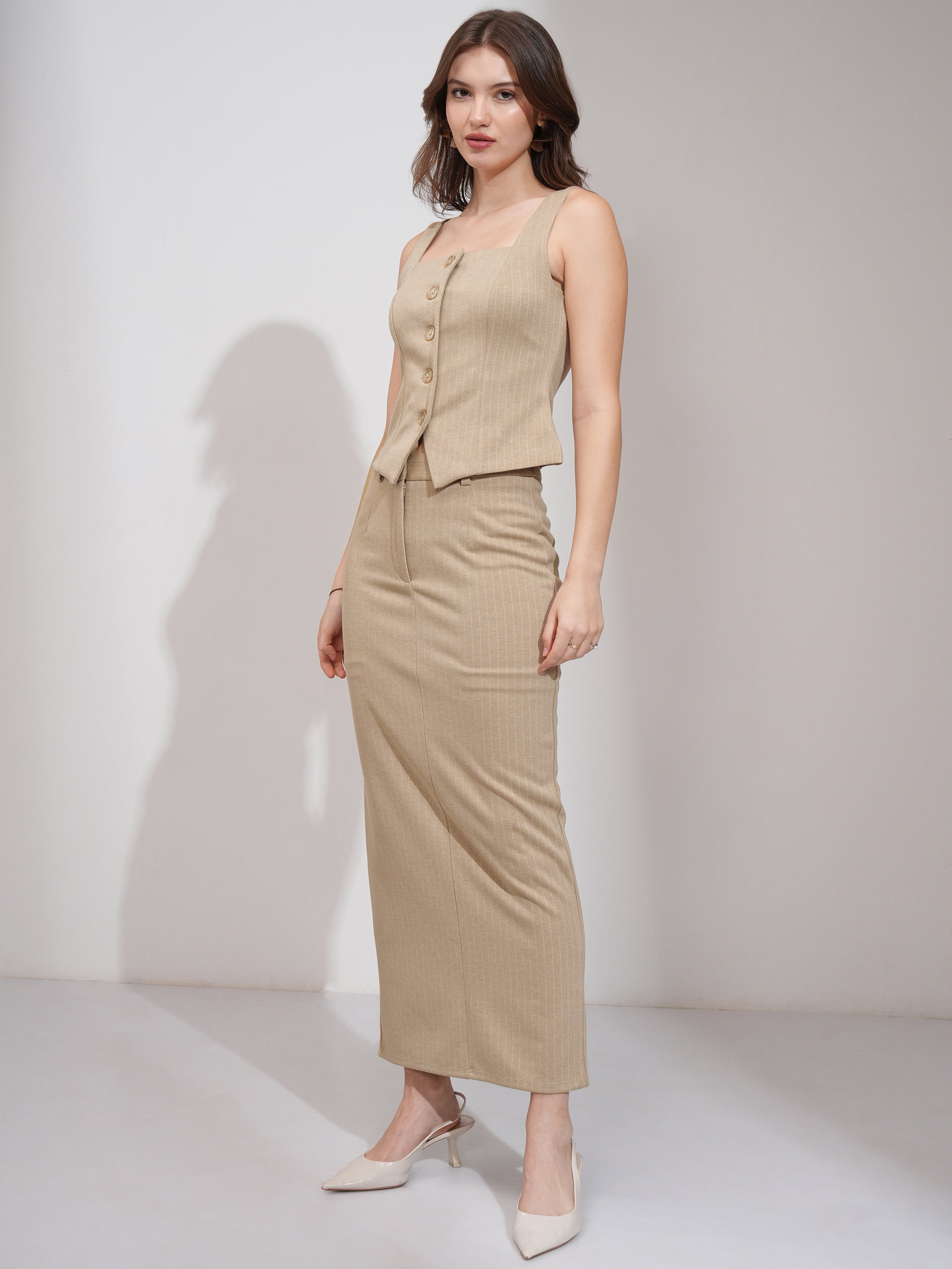 Tokyo Talkies Women Beige Coat With Skirt Co-Ords - Beige - Image 4