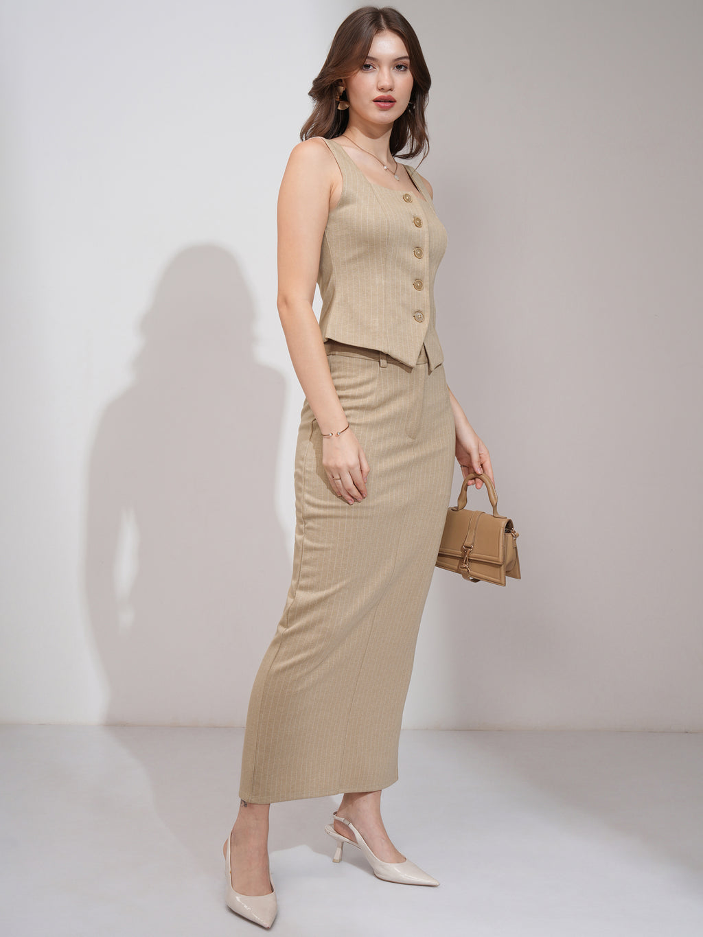 Tokyo Talkies Women Beige Coat With Skirt Co-Ords - Beige - Image 6