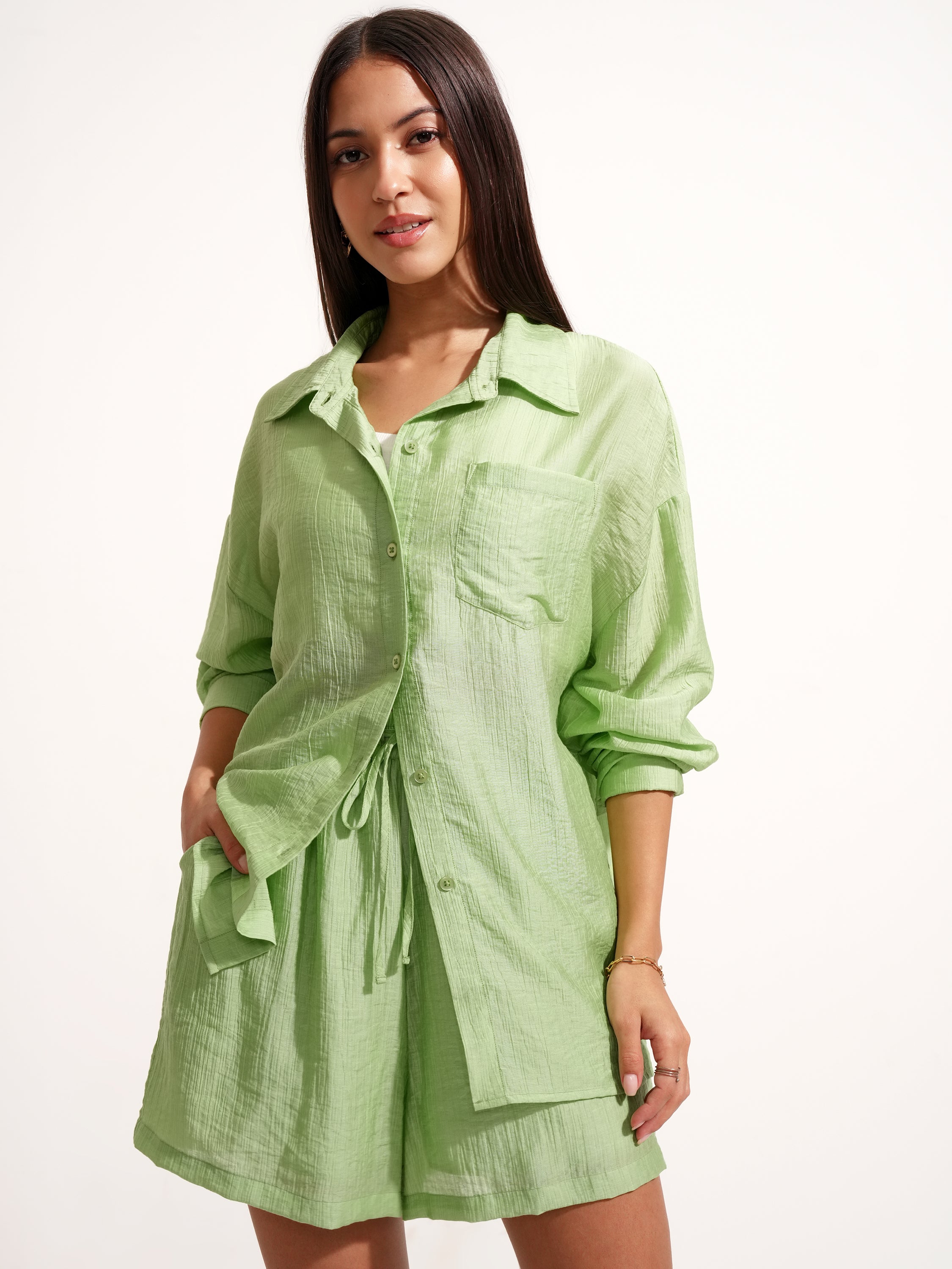 Tokyo Talkies Women Green Shirt With Short - Green - Image 1