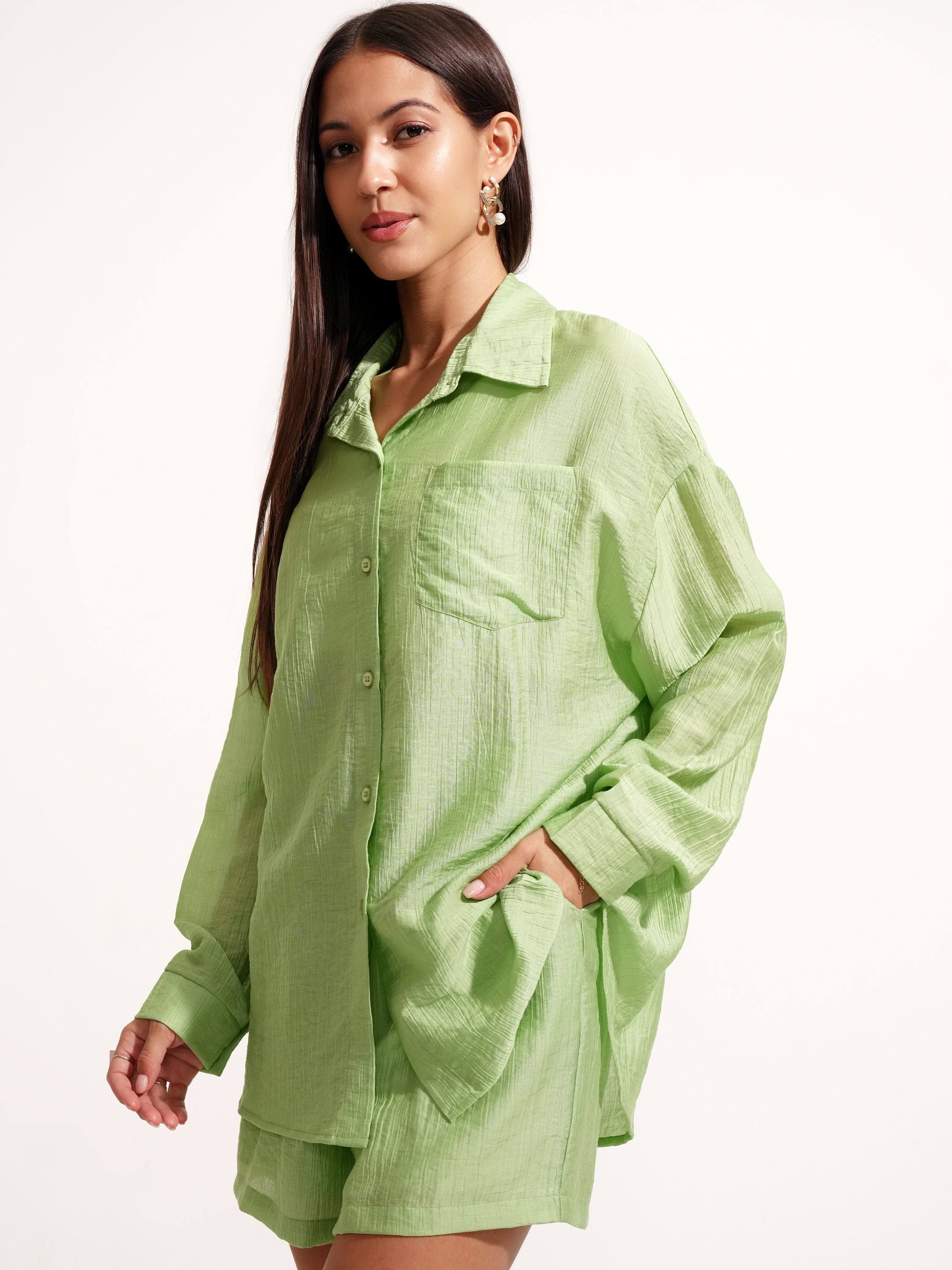 Tokyo Talkies Women Green Shirt With Short - Green - Image 4
