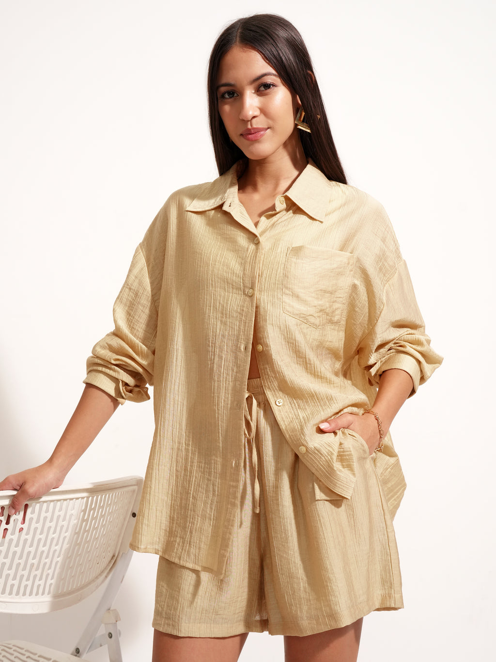 Tokyo Talkies Women Beige Shirt With Short - Beige - Image 1