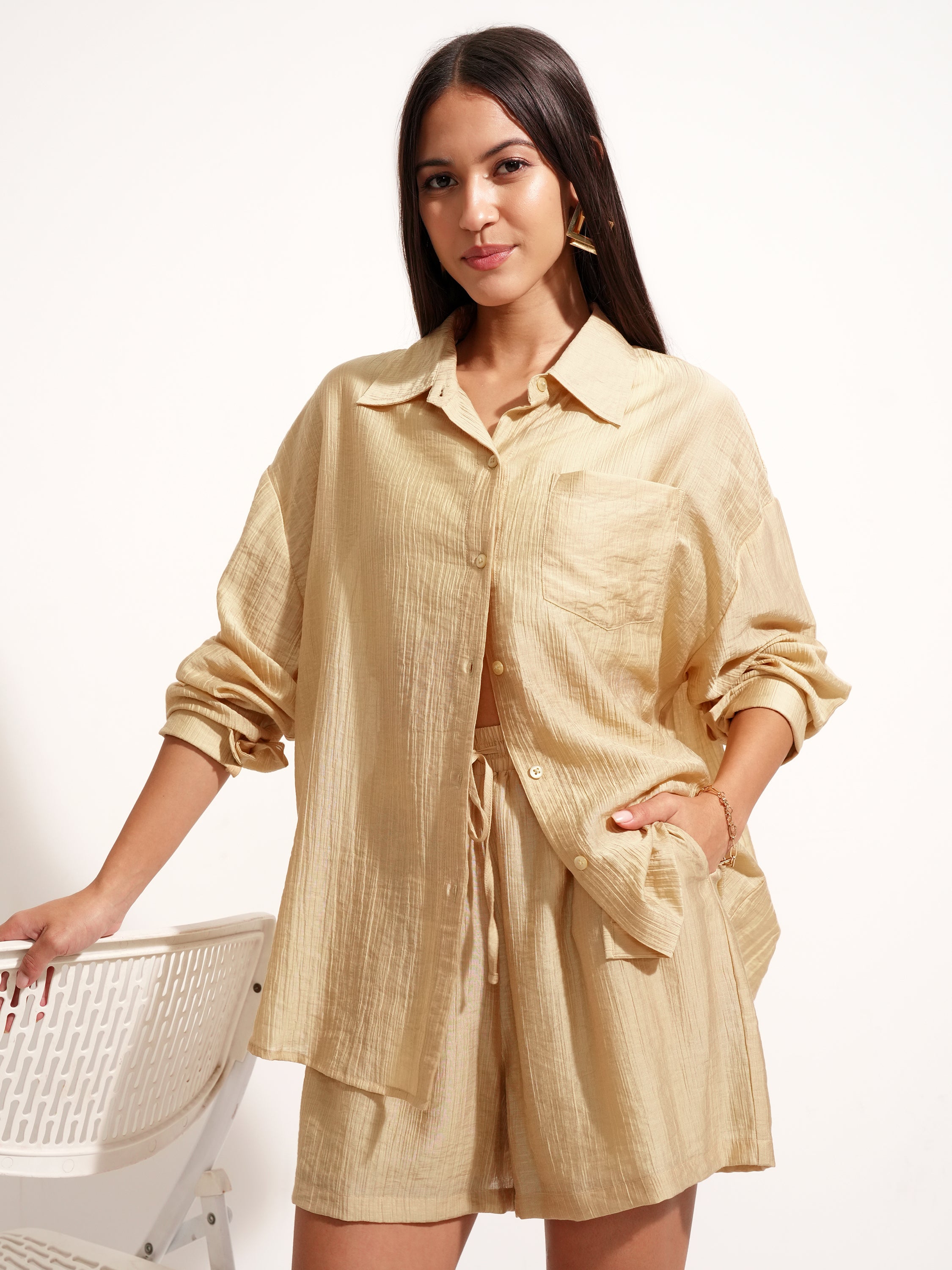 Tokyo Talkies Women Beige Shirt With Short - Beige - Image 1