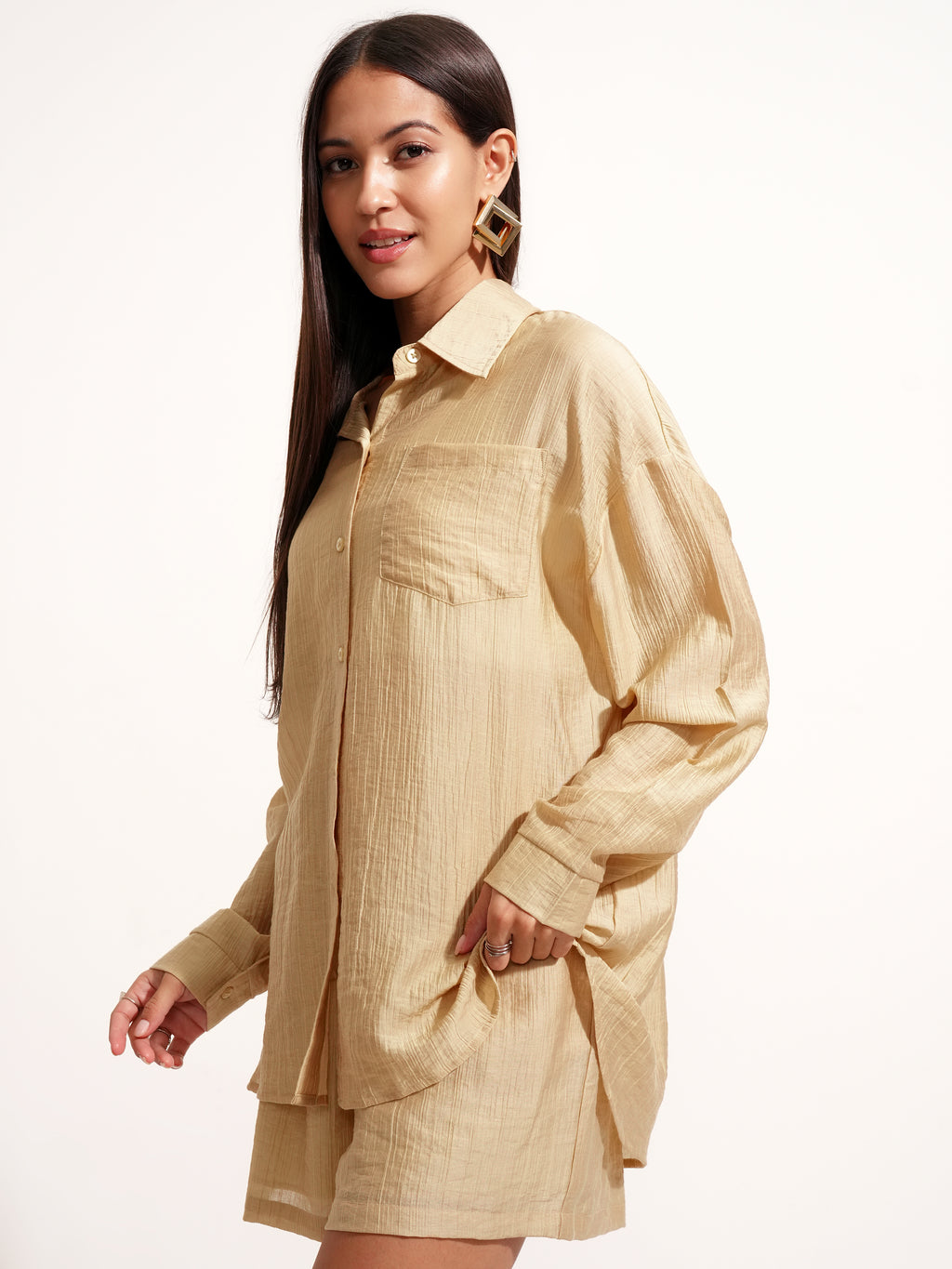 Tokyo Talkies Women Beige Shirt With Short - Beige - Image 4