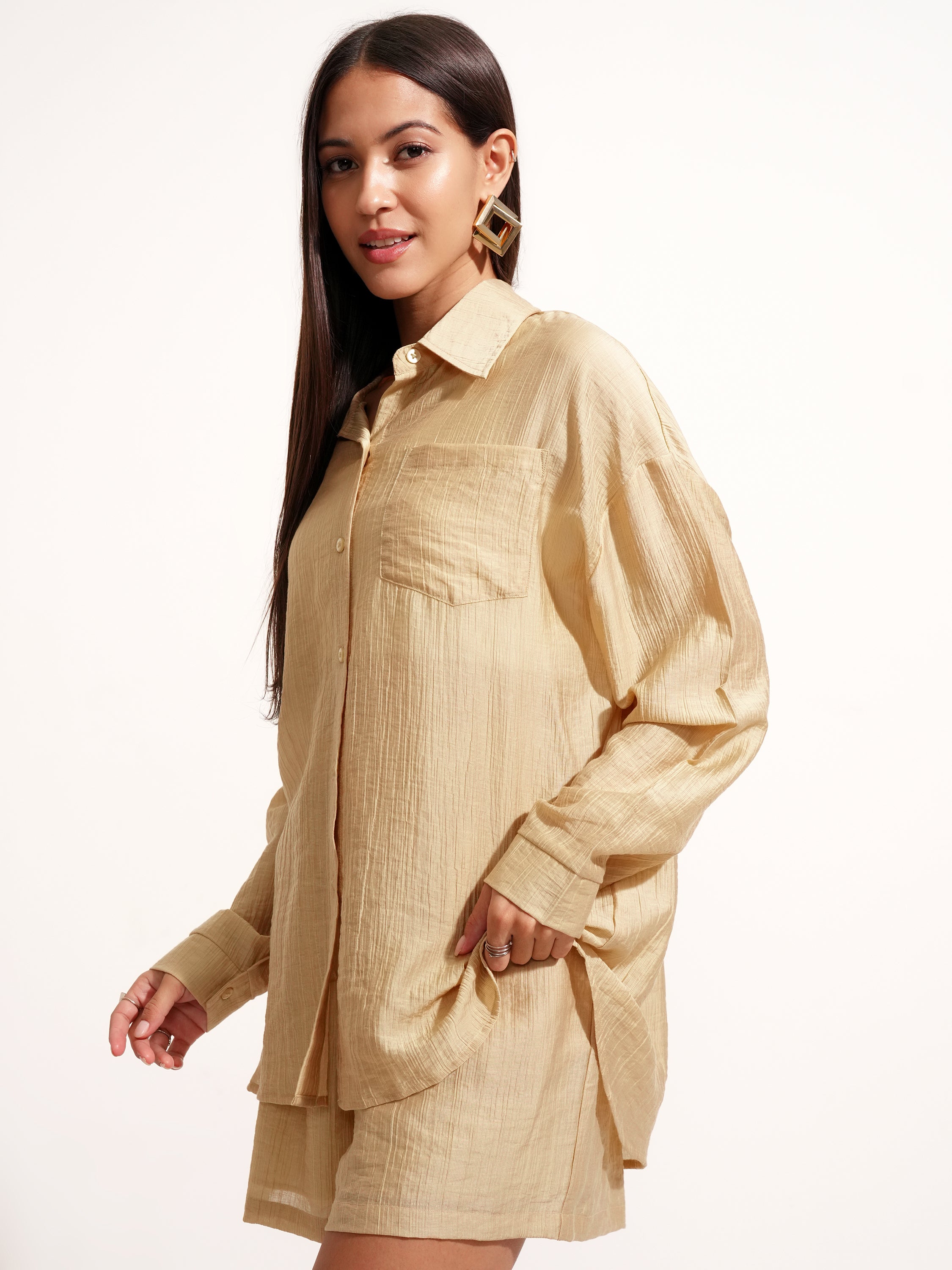 Tokyo Talkies Women Beige Shirt With Short - Beige - Image 4