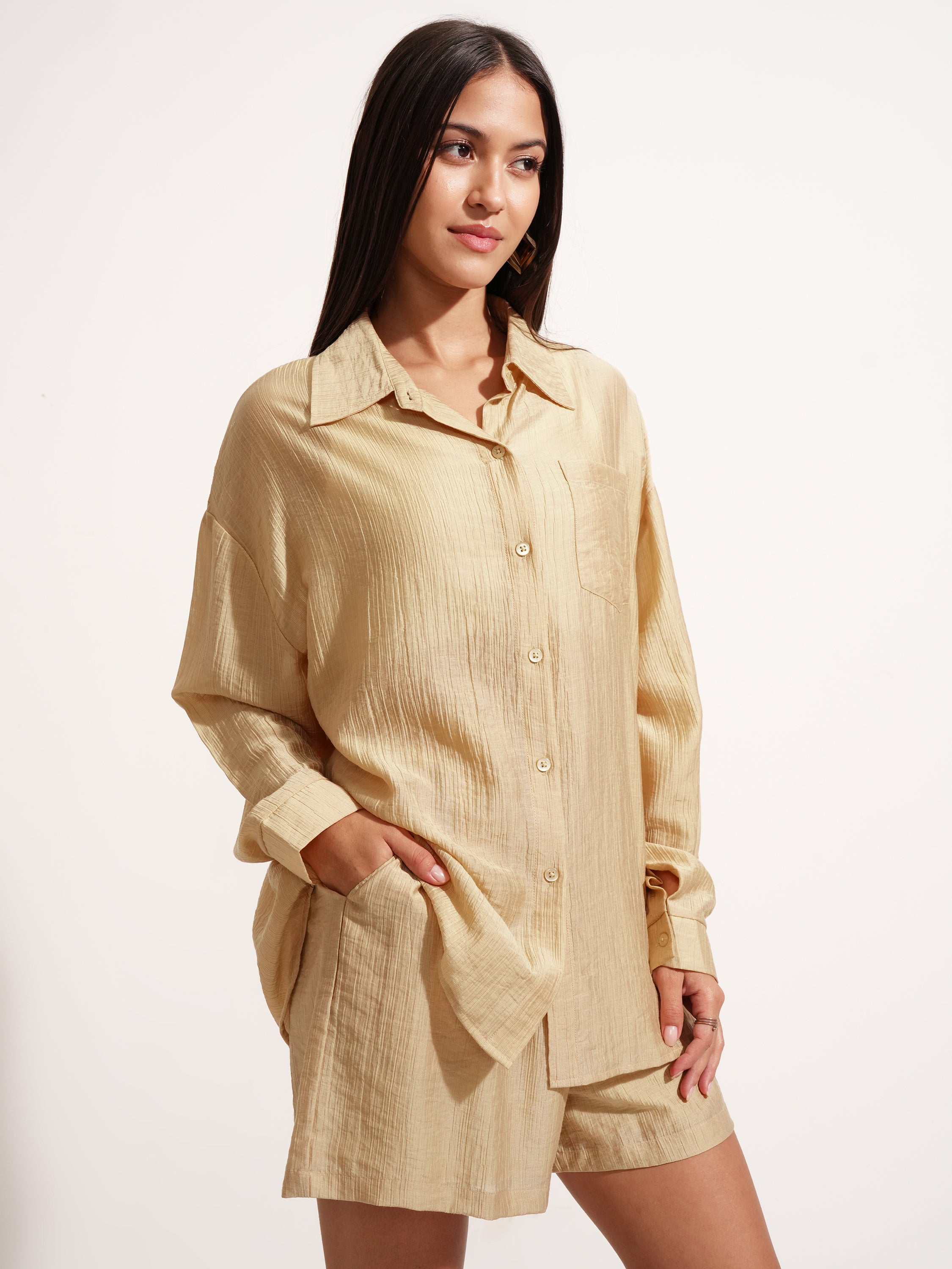 Tokyo Talkies Women Beige Shirt With Short - Beige - Image 6