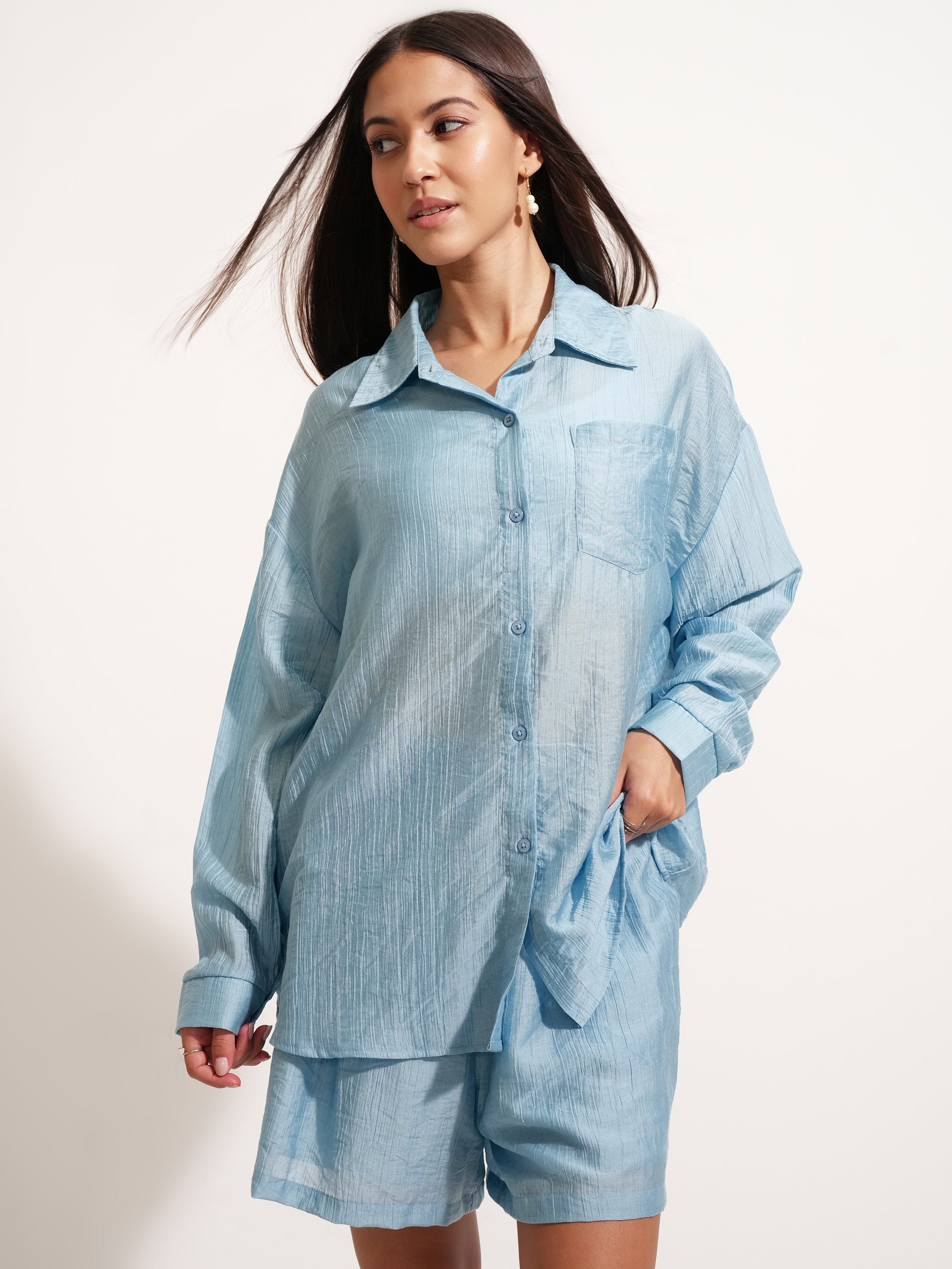 Tokyo Talkies Women Blue Shirt With Short - Blue - Image 1