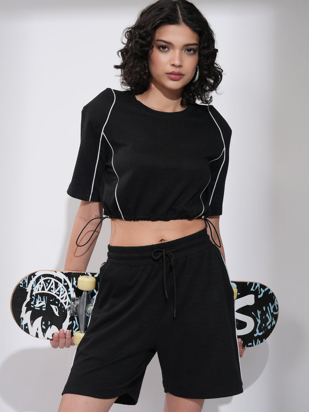 Tokyo Talkies Women Black Top With Shorts Co-Ords - Black - Image 1