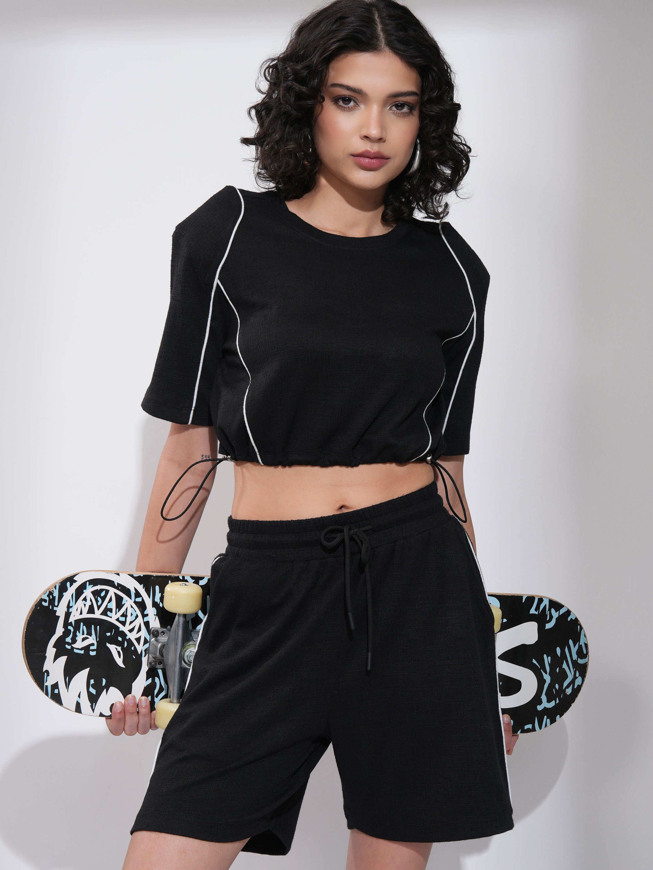 Tokyo Talkies Women Black Top With Shorts Co-Ords - Black - Image 1