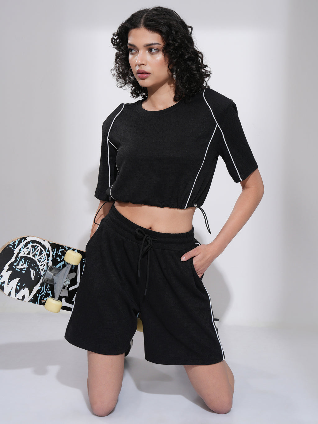 Tokyo Talkies Women Black Top With Shorts Co-Ords - Black - Image 2