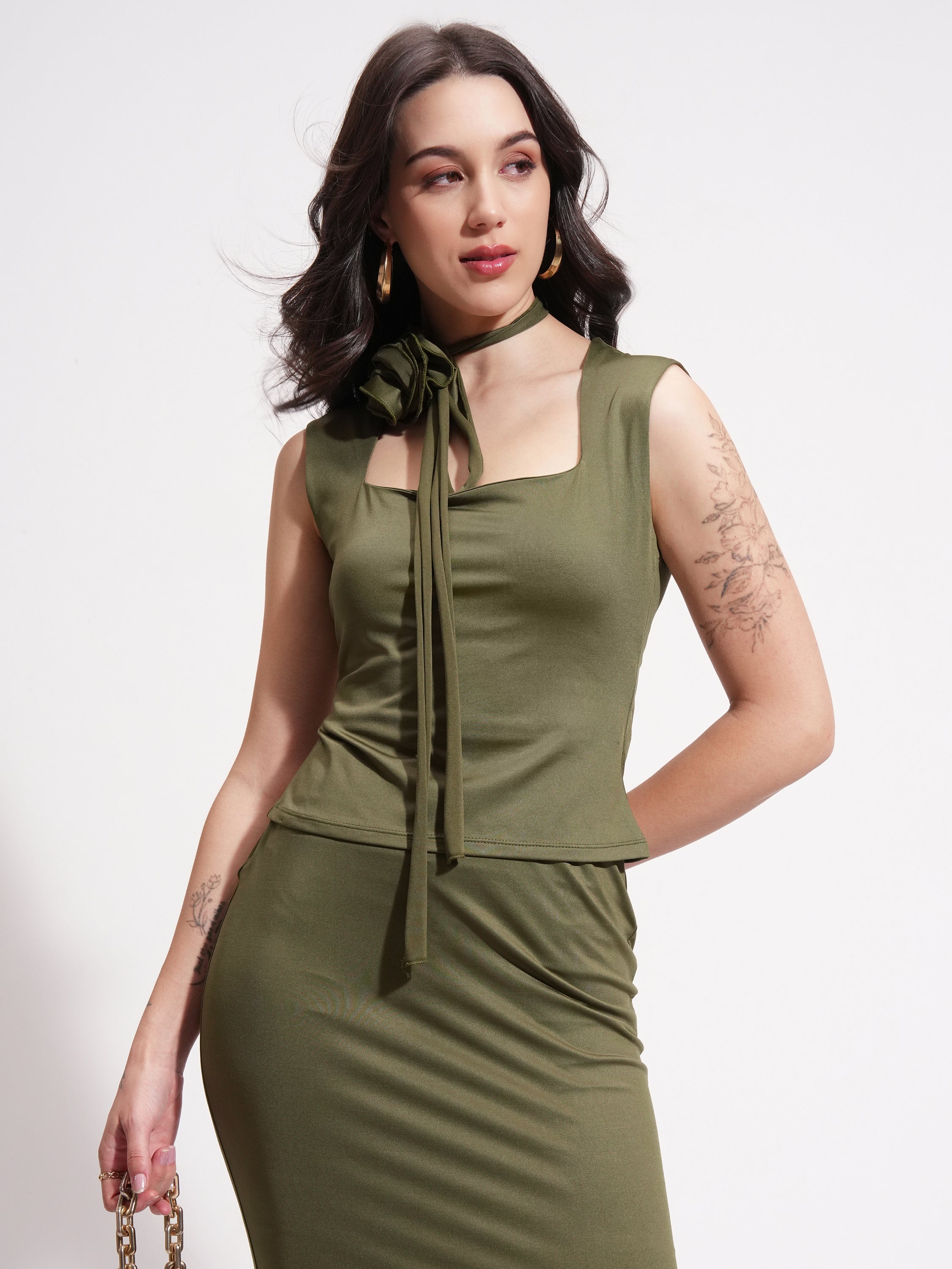Tokyo Talkies Women Olive Top With Skirt - Olive - Image 1