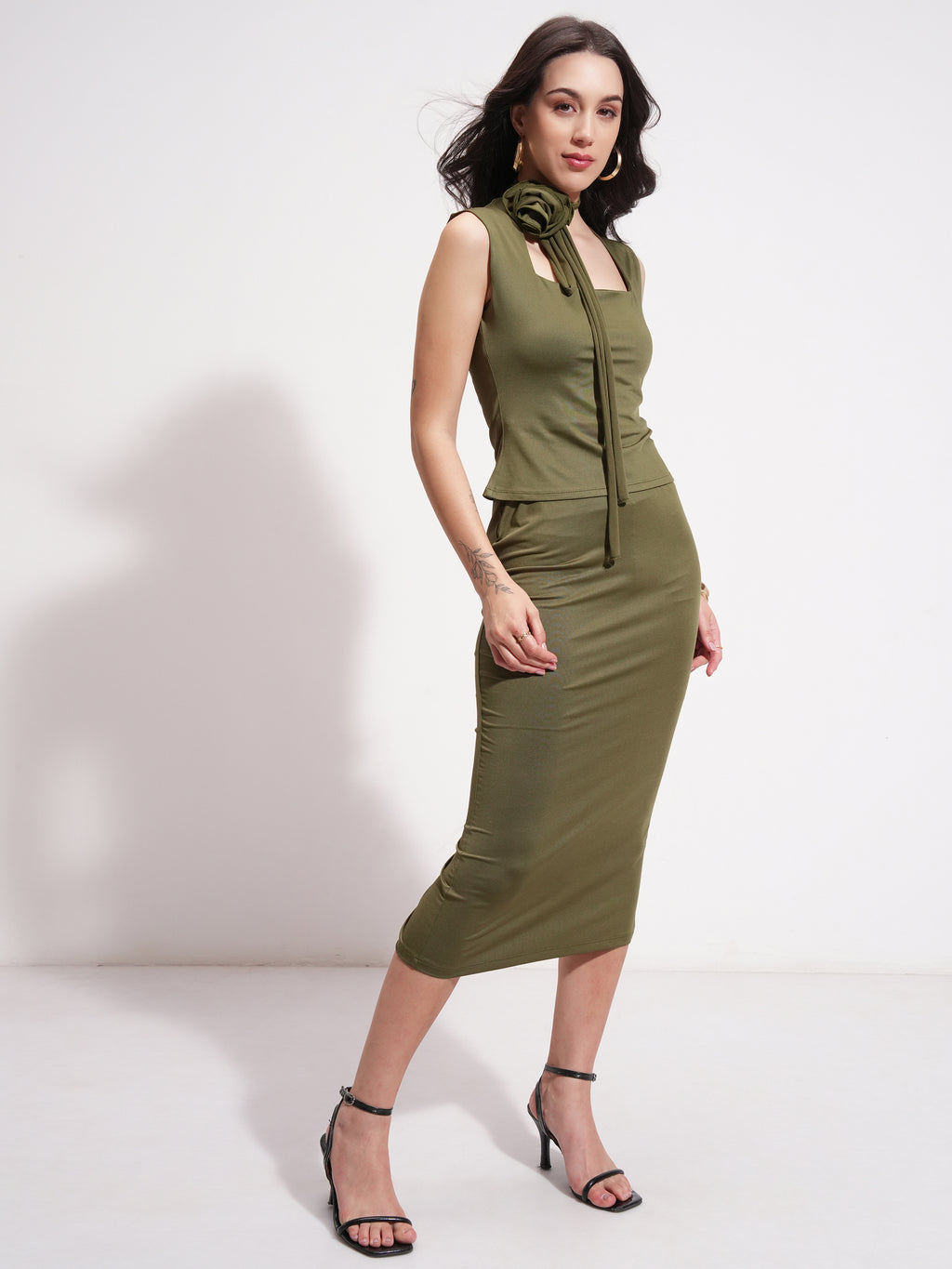 Tokyo Talkies Women Olive Top With Skirt - Olive - Image 6
