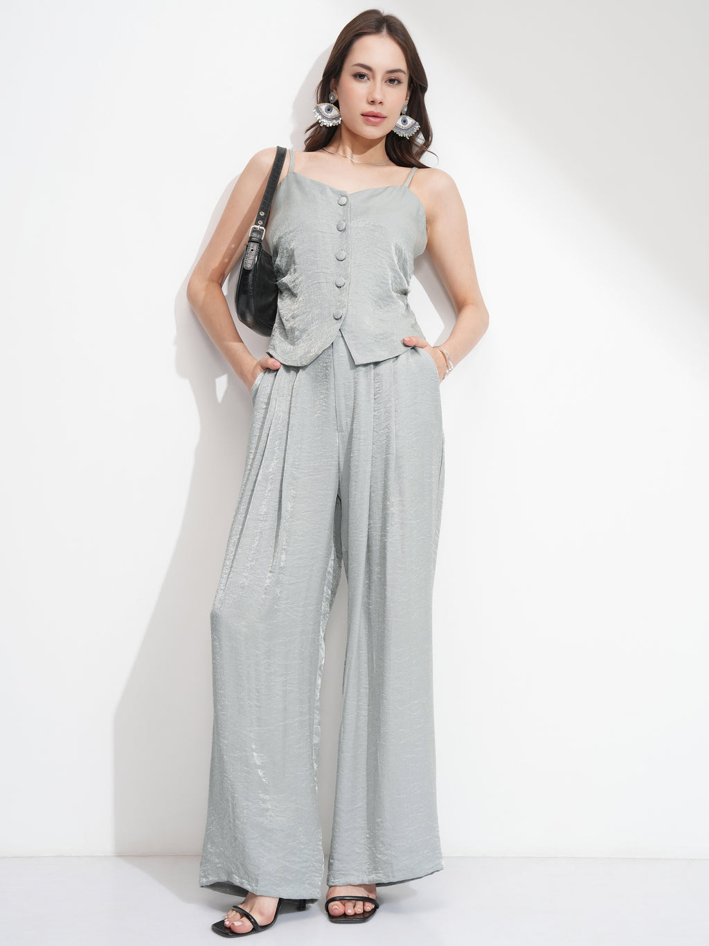 Tokyo Talkies Women Silver Top With Palazzos - Silver - Image 2