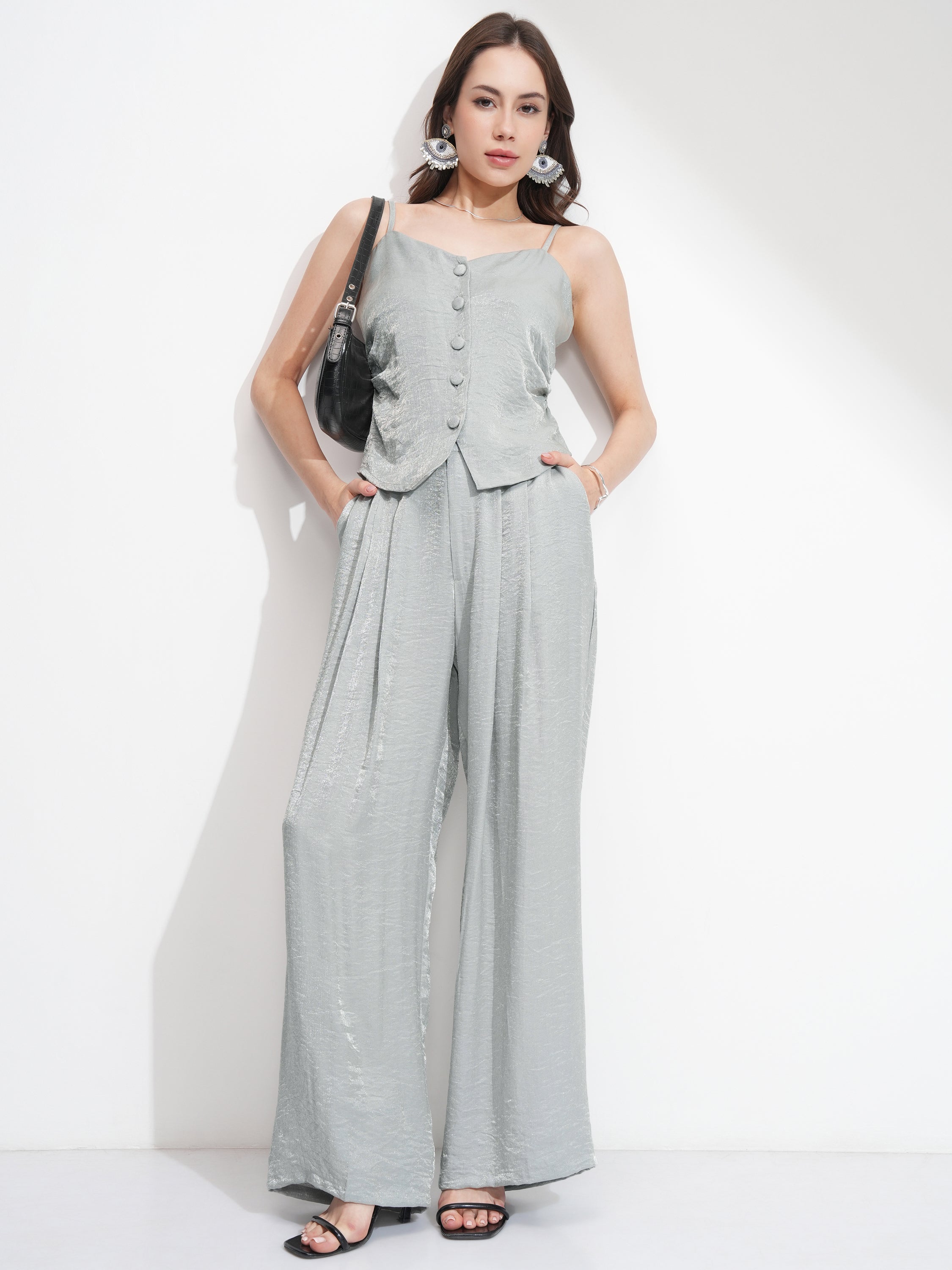 Tokyo Talkies Women Silver Top With Palazzos - Silver - Image 2