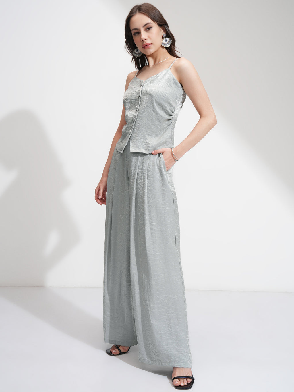 Tokyo Talkies Women Silver Top With Palazzos - Silver - Image 4