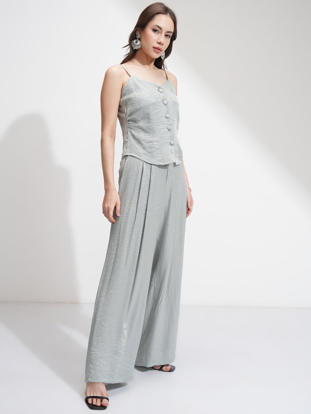 Tokyo Talkies Women Silver Top With Palazzos - Silver - Image 6
