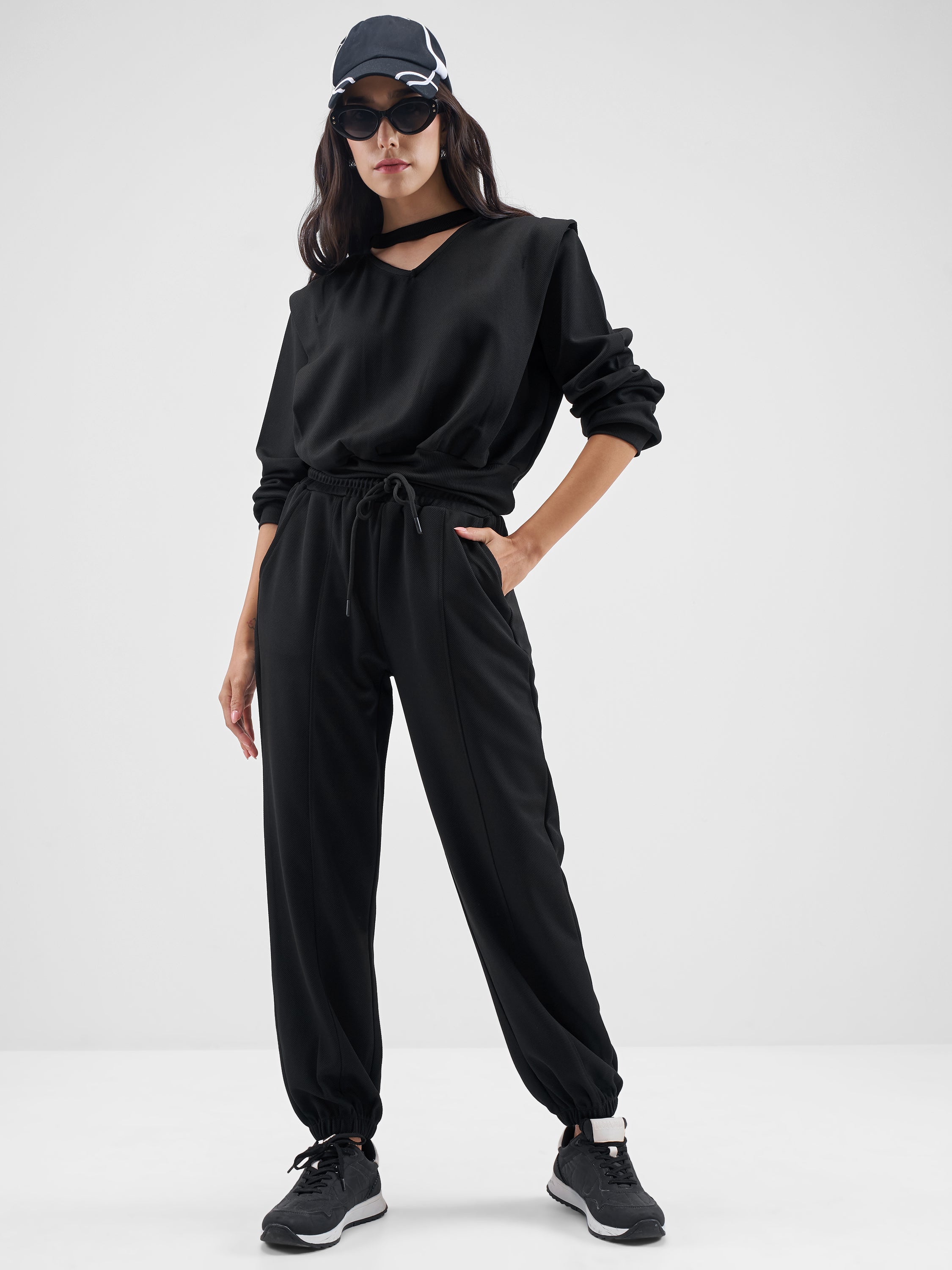 Street By Tokyo Talkies Women Black Top With Joggers Co-Ords - Black - Image 1