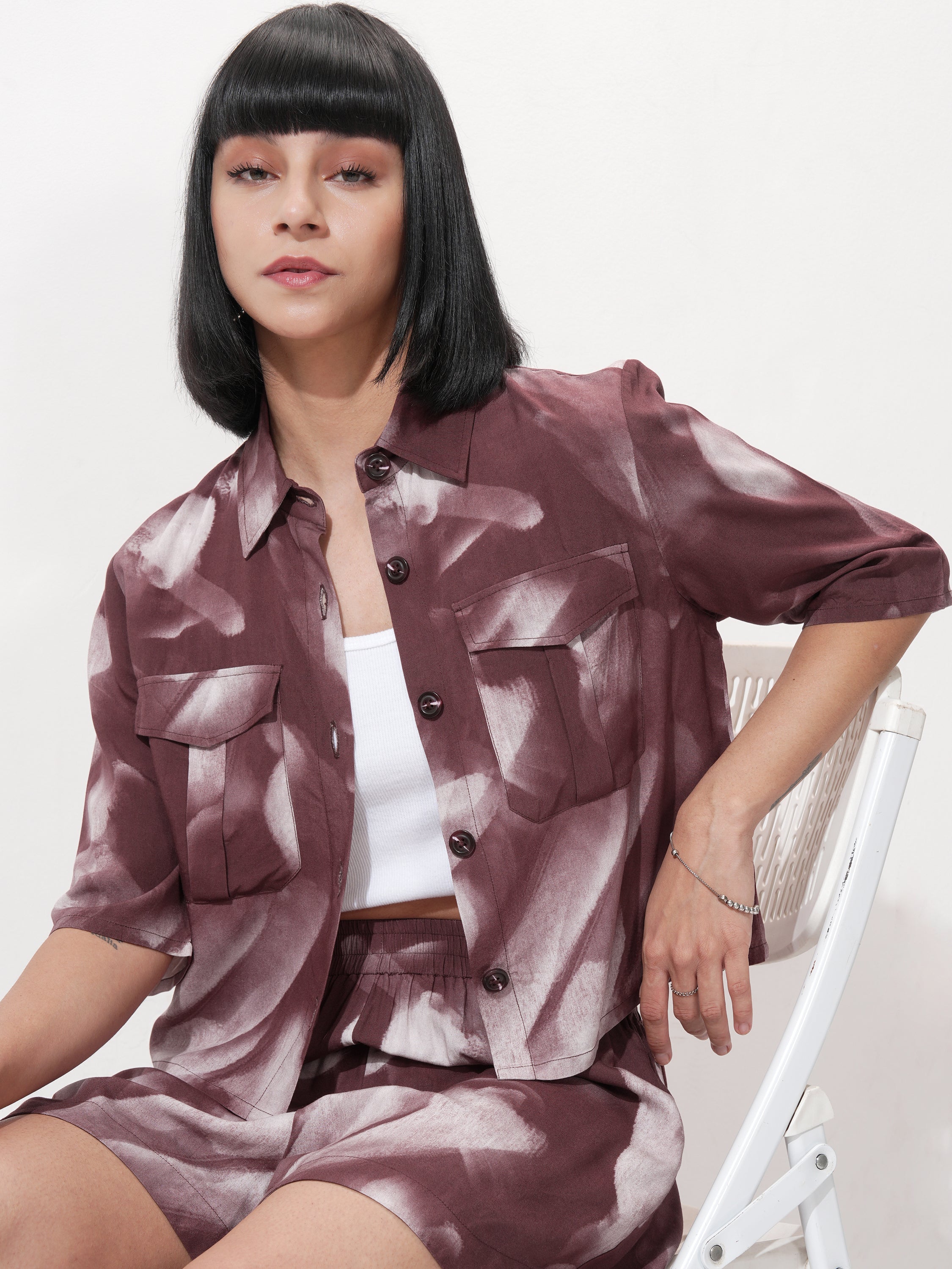 Tokyo Talkies Women Burgundy Shirt With Short - Burgundy - Image 1
