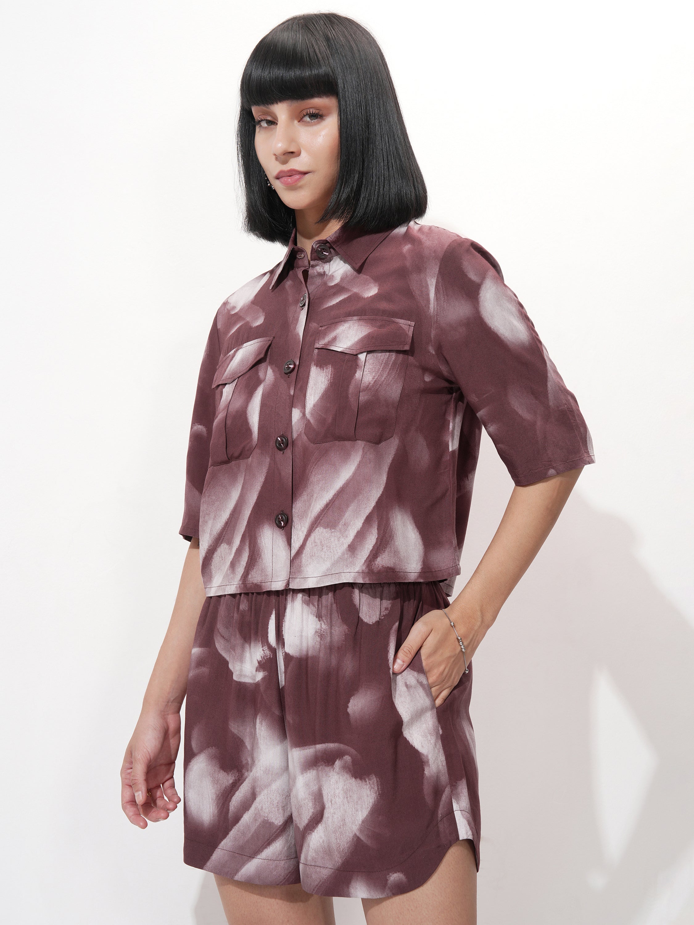Tokyo Talkies Women Burgundy Shirt With Short - Burgundy - Image 4