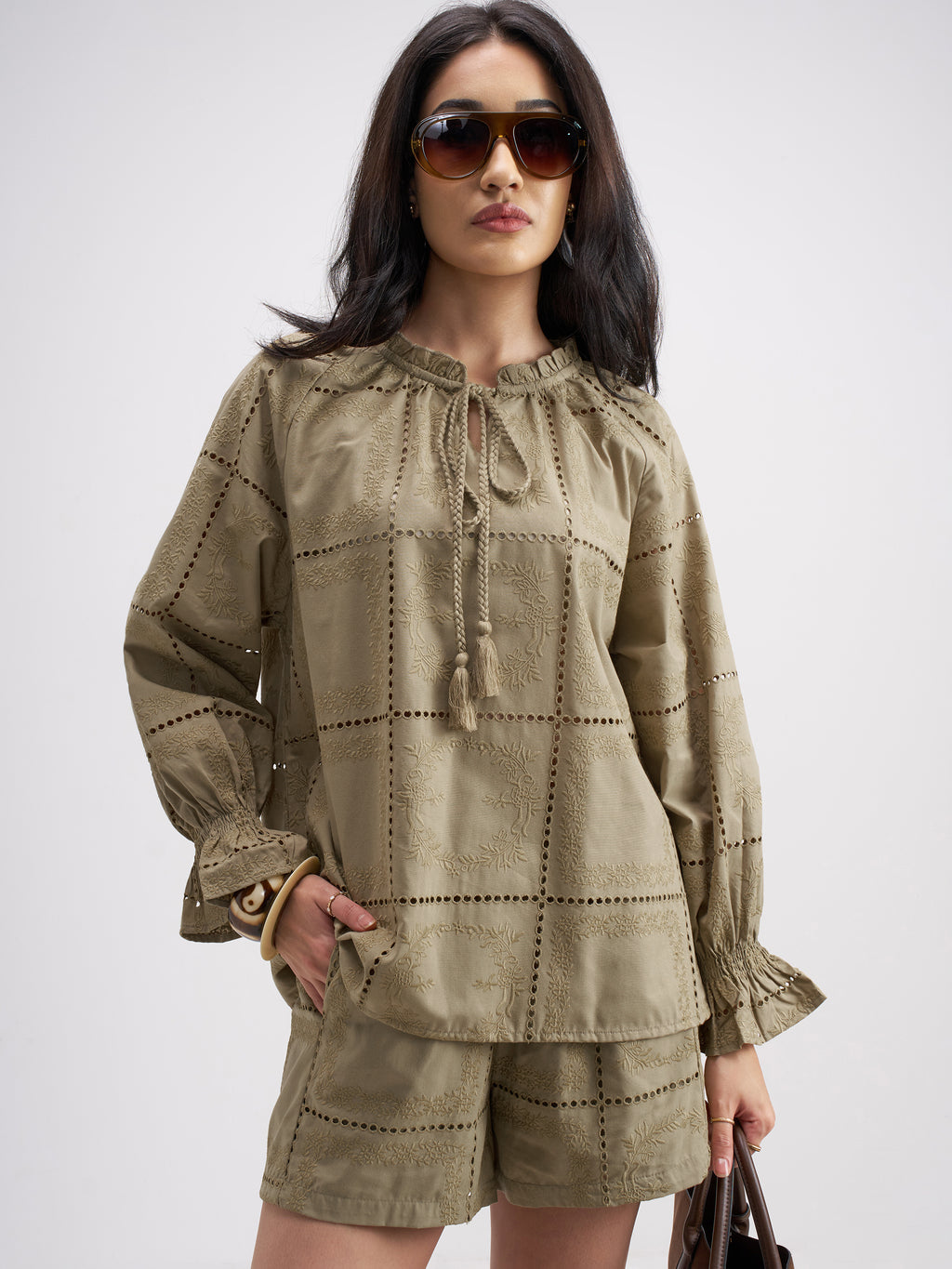Tokyo Talkies Women Khaki Top With Shorts Co-Ords - Khaki - Image 1
