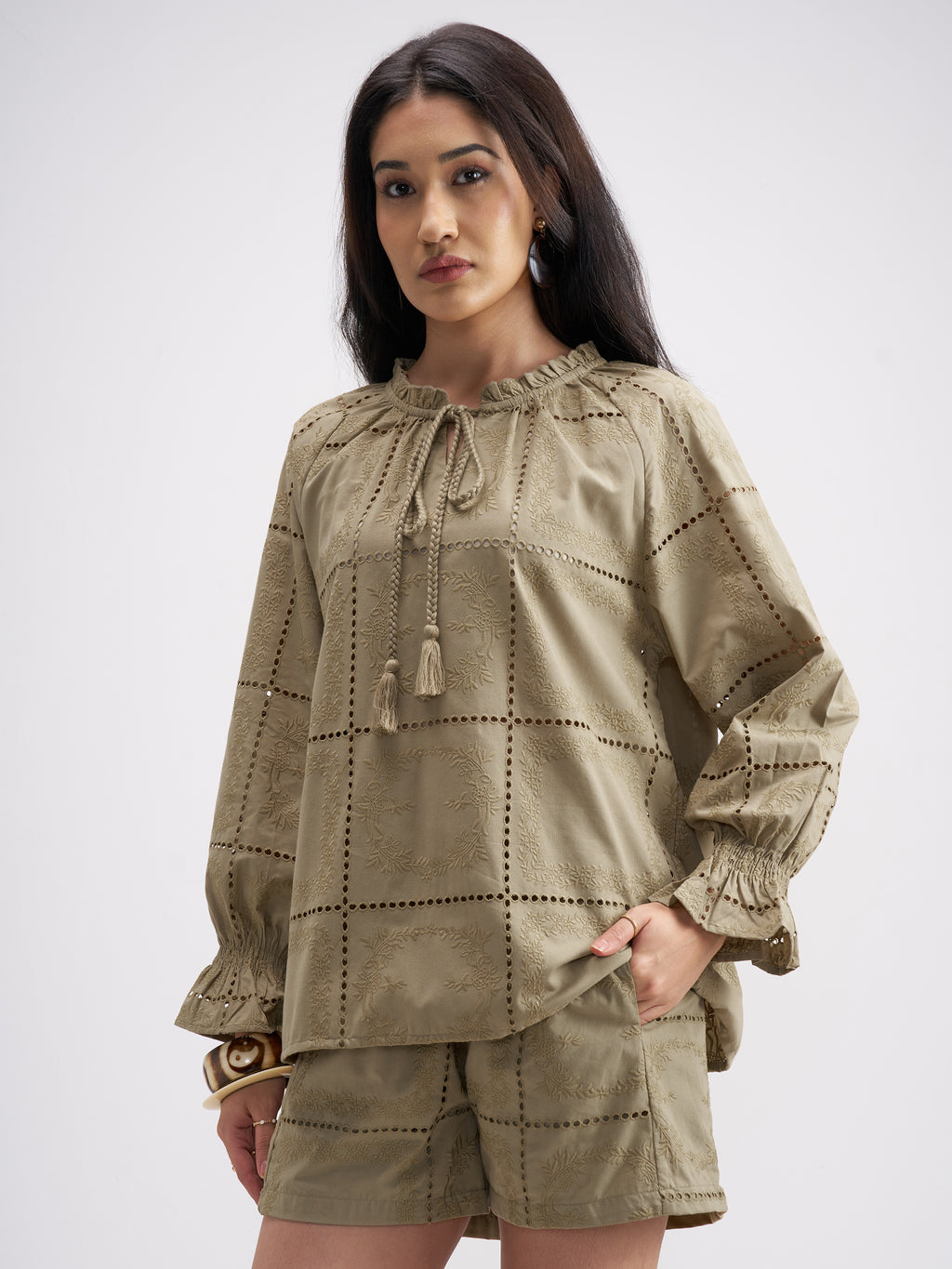 Tokyo Talkies Women Khaki Top With Shorts Co-Ords - Khaki - Image 4