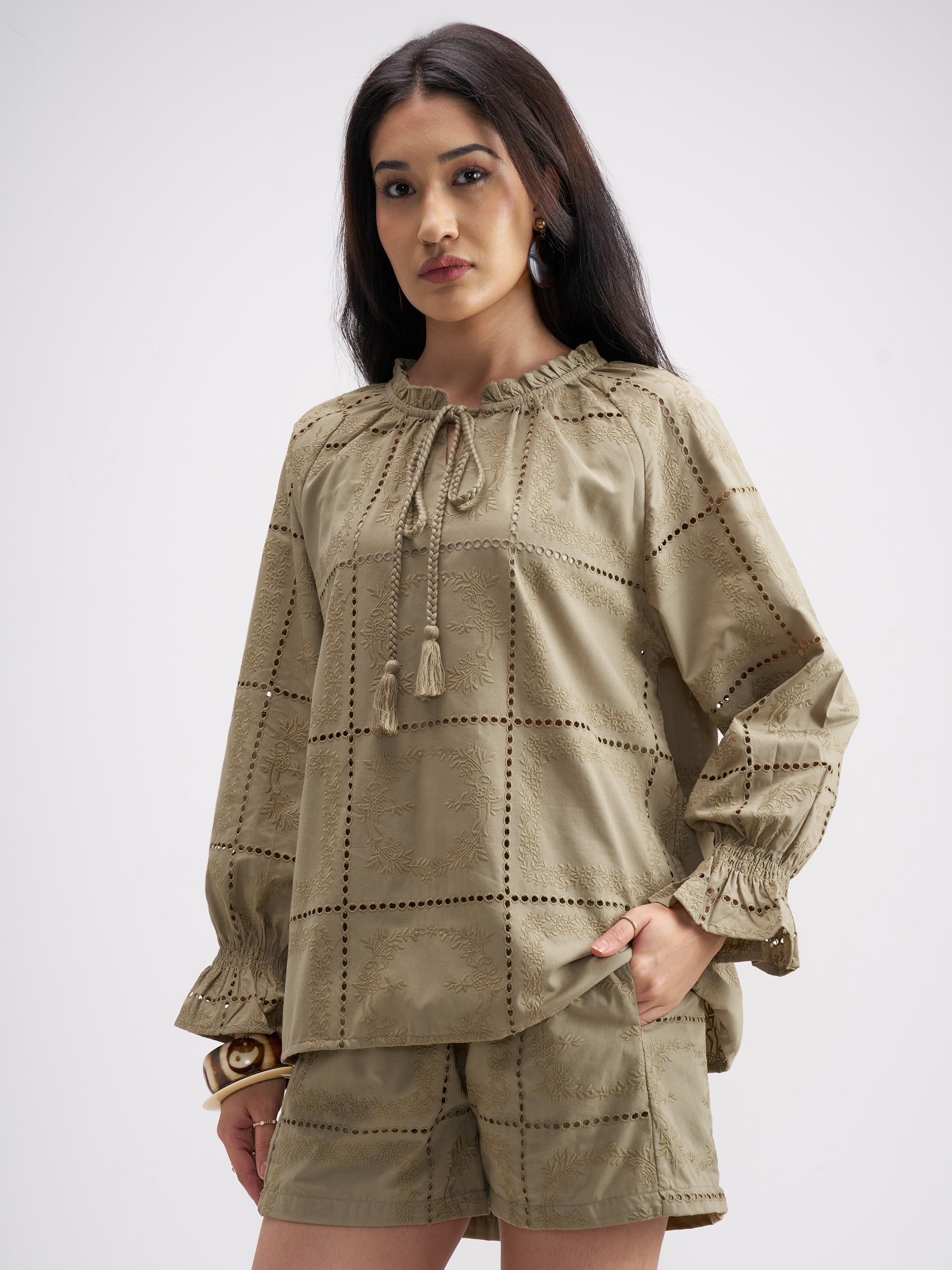 Tokyo Talkies Women Khaki Top With Shorts Co-Ords - Khaki - Image 4