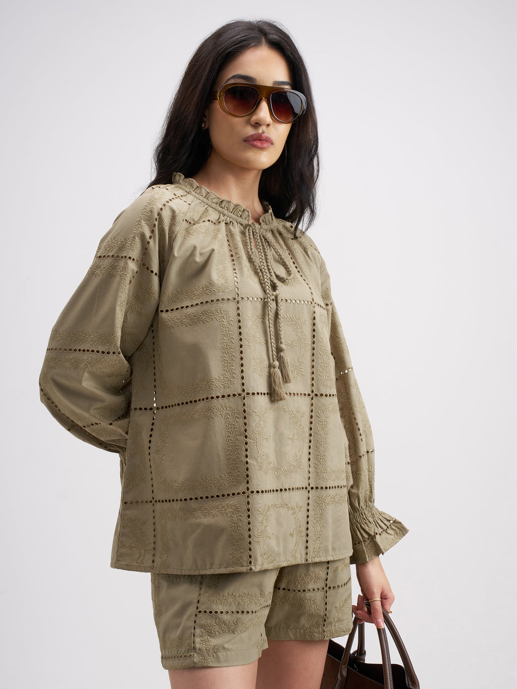Tokyo Talkies Women Khaki Top With Shorts Co-Ords - Khaki - Image 6