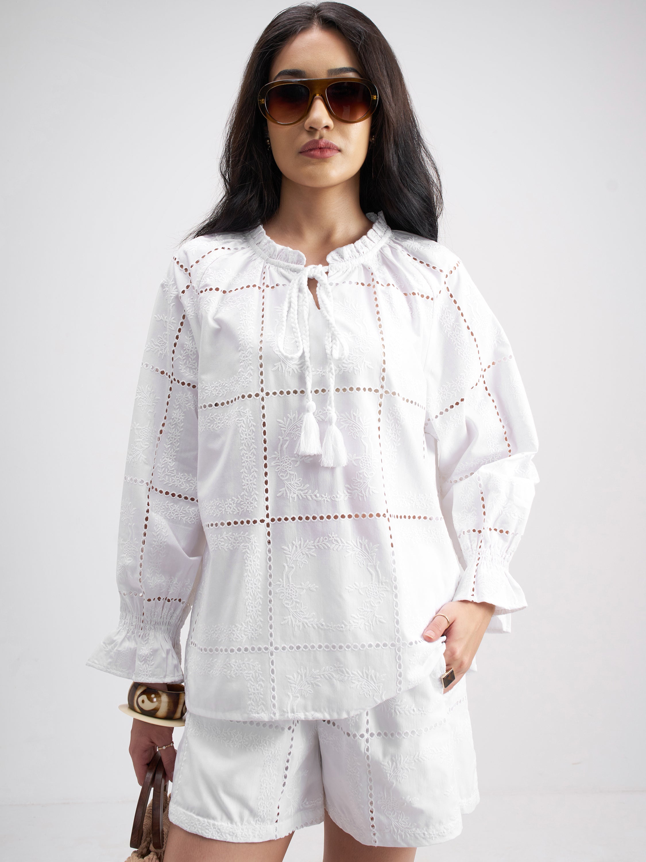 Tokyo Talkies Women White Top With Shorts Co-Ords - White - Image 1