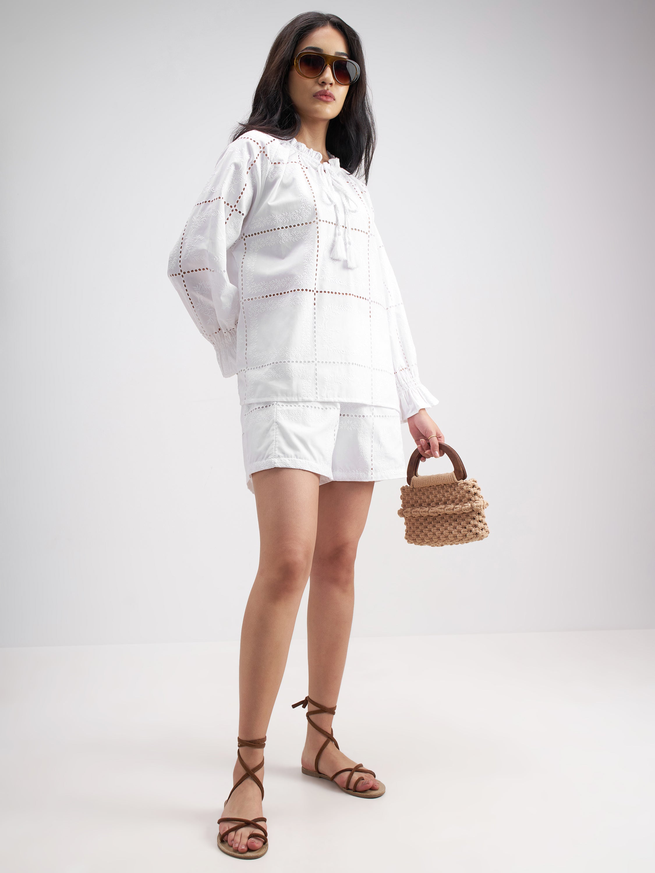 Tokyo Talkies Women White Top With Shorts Co-Ords - White - Image 2