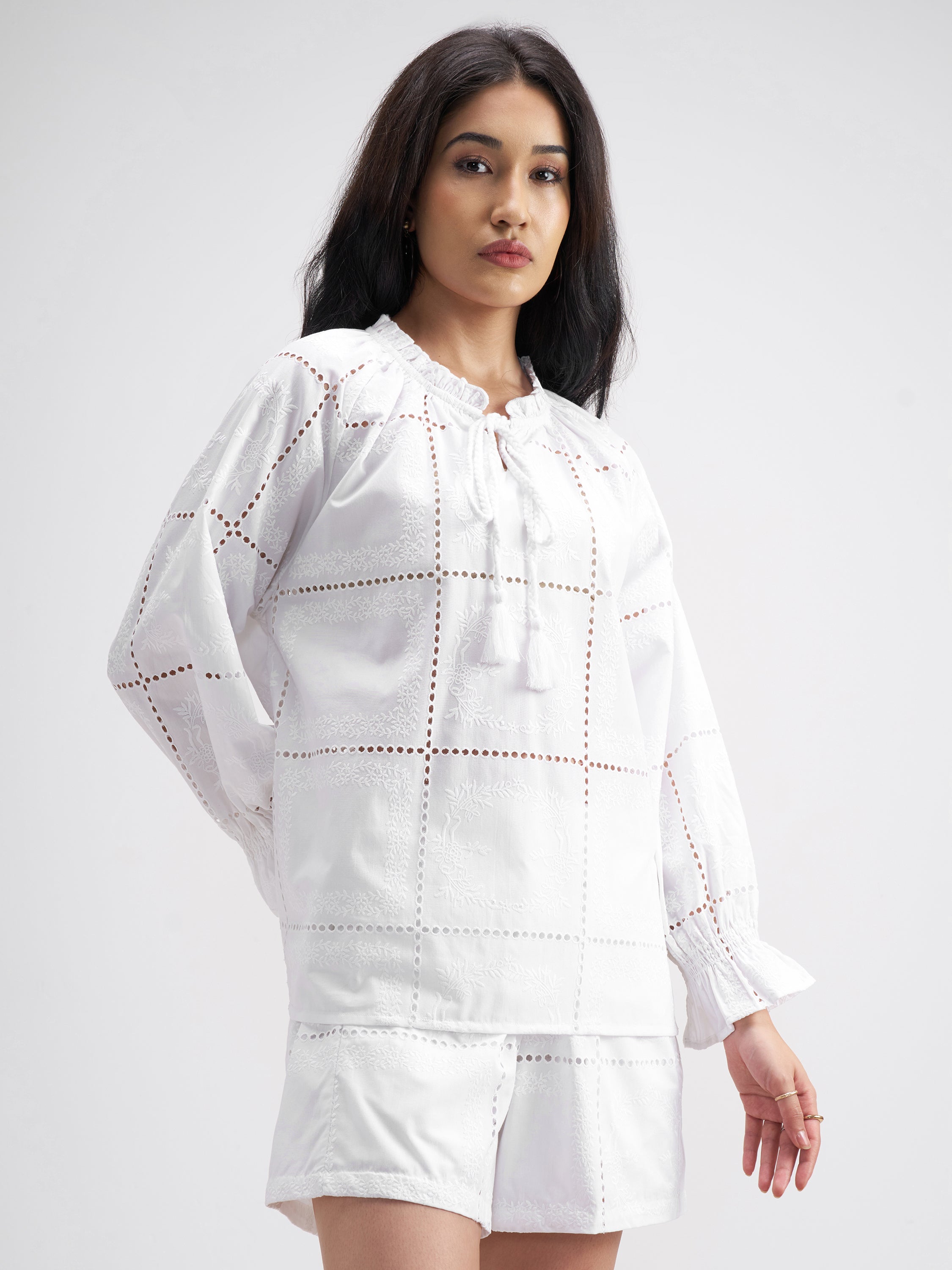 Tokyo Talkies Women White Top With Shorts Co-Ords - White - Image 6