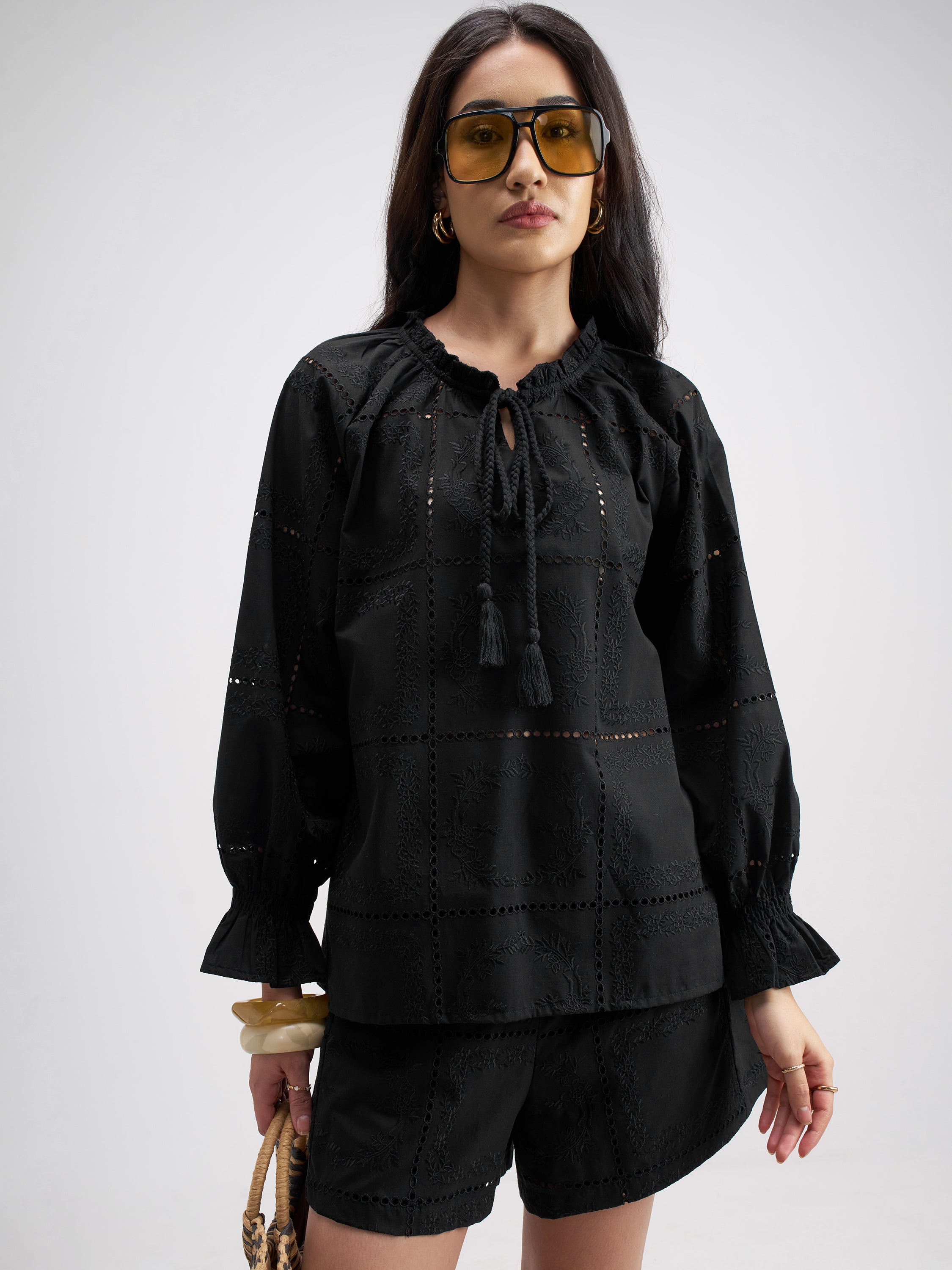 Tokyo Talkies Women Black Top With Shorts Co-Ords - Black - Image 1