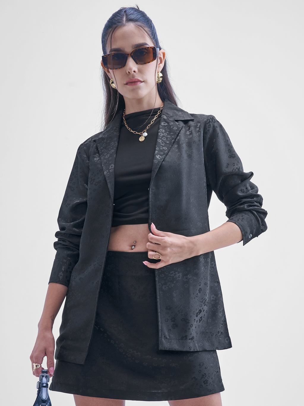 ESPYR By Tokyo Talkies Women Black Blazer With Skirt Co-Ords - Black - Image 1