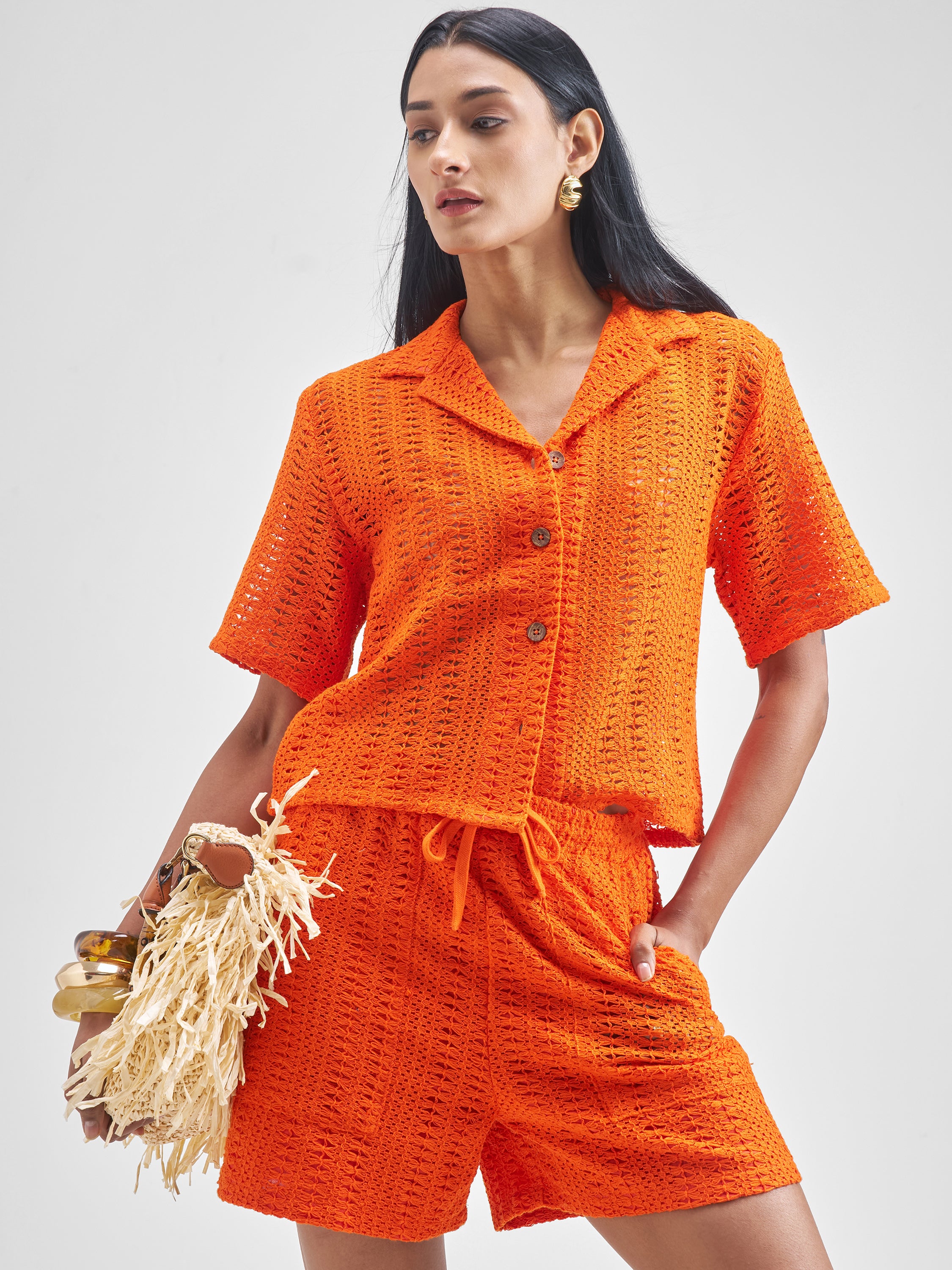 ESPYR By Tokyo Talkies Women Orange Shirt With Shorts Co-Ords - Orange - Image 1