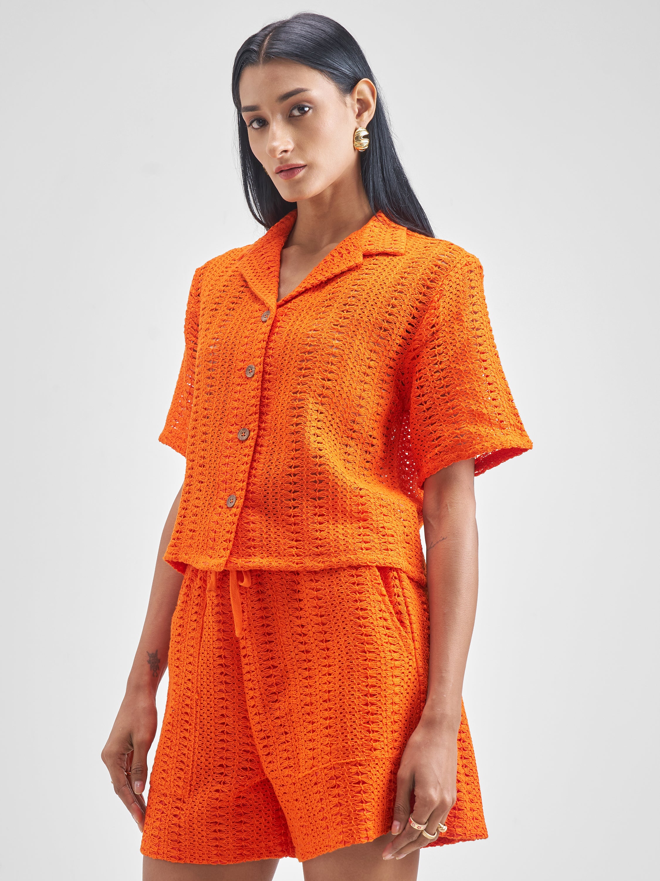 ESPYR By Tokyo Talkies Women Orange Shirt With Shorts Co-Ords - Orange - Image 4