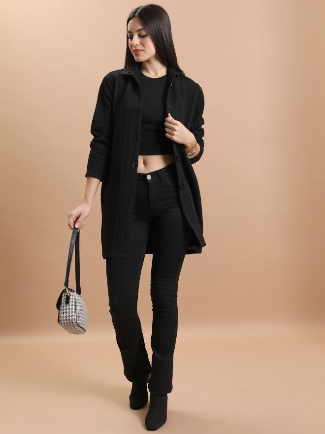 Tokyo Talkies Women Black Shirt Collar Sweater - Black - Image 2