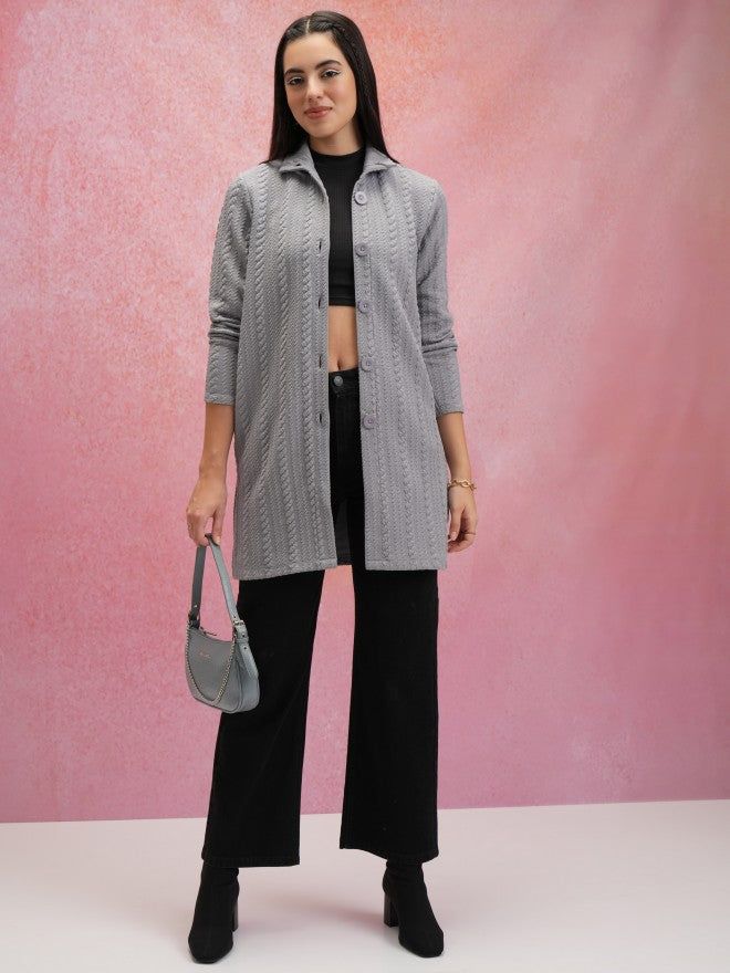 Tokyo Talkies Women Grey Shirt Collar Sweater - Grey - Image 2