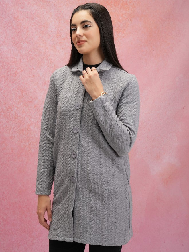 Tokyo Talkies Women Grey Shirt Collar Sweater - Grey - Image 4