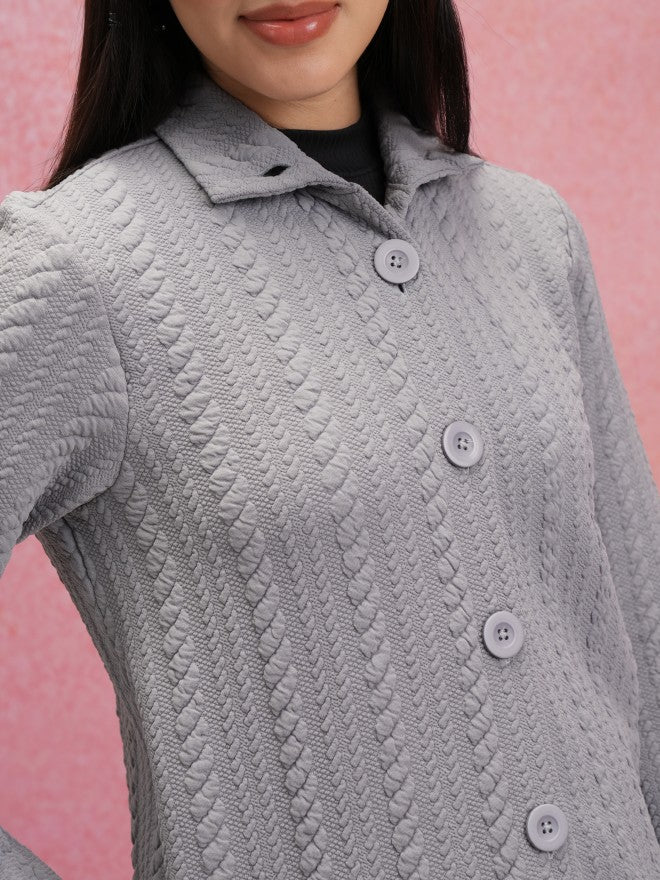 Tokyo Talkies Women Grey Shirt Collar Sweater - Grey - Image 5