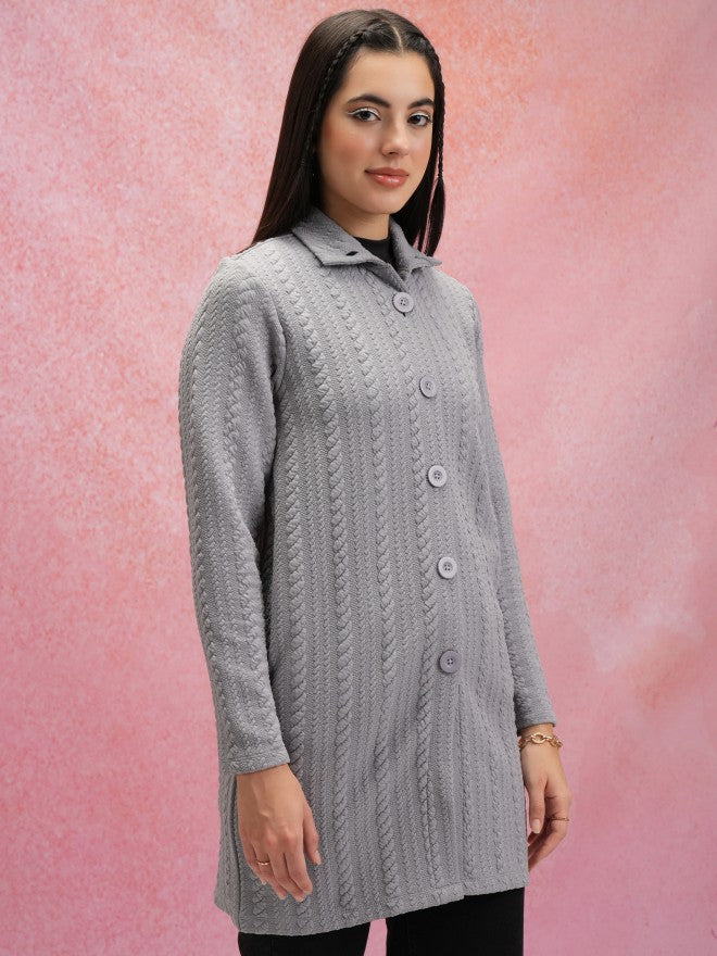 Tokyo Talkies Women Grey Shirt Collar Sweater - Grey - Image 6