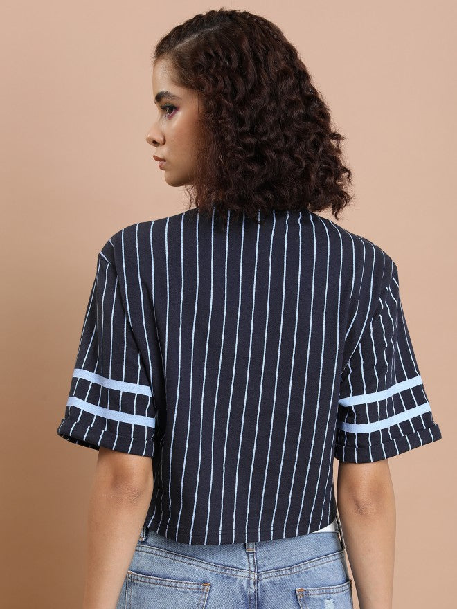 Tokyo Talkies Women Navy Blue Striped Round Neck T-Shirt - Navy Blue - Image 3