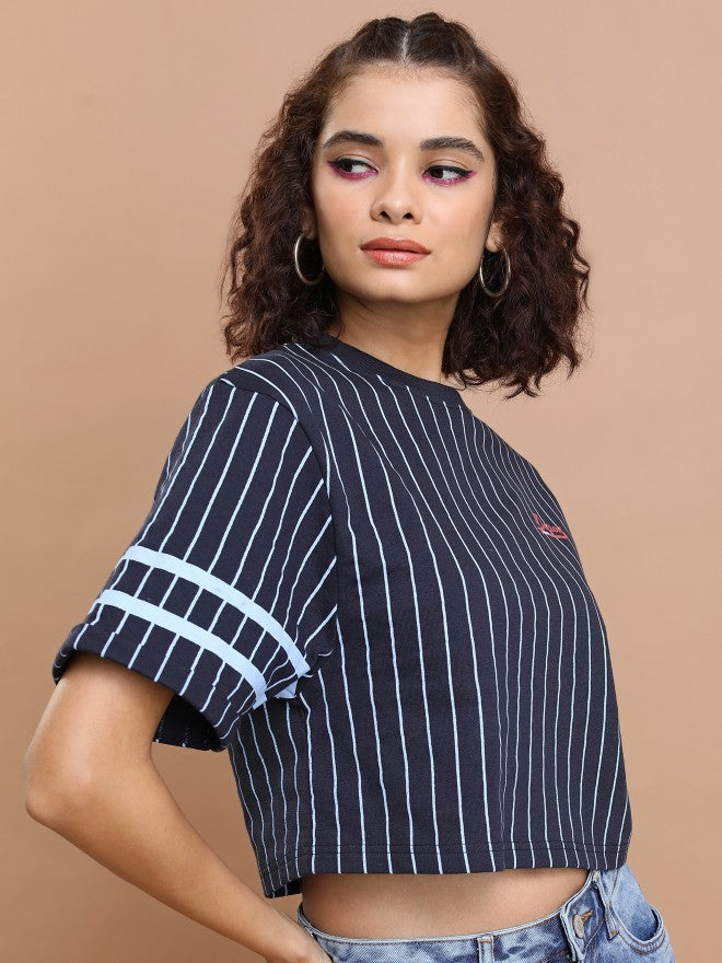 Tokyo Talkies Women Navy Blue Striped Round Neck T-Shirt - Navy Blue - Image 6