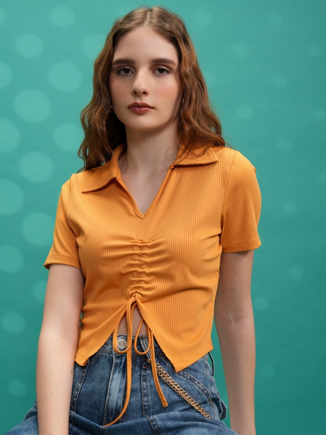 Tokyo Talkies Women Yellow Solid Shirt Style Top - Yellow - Image 1