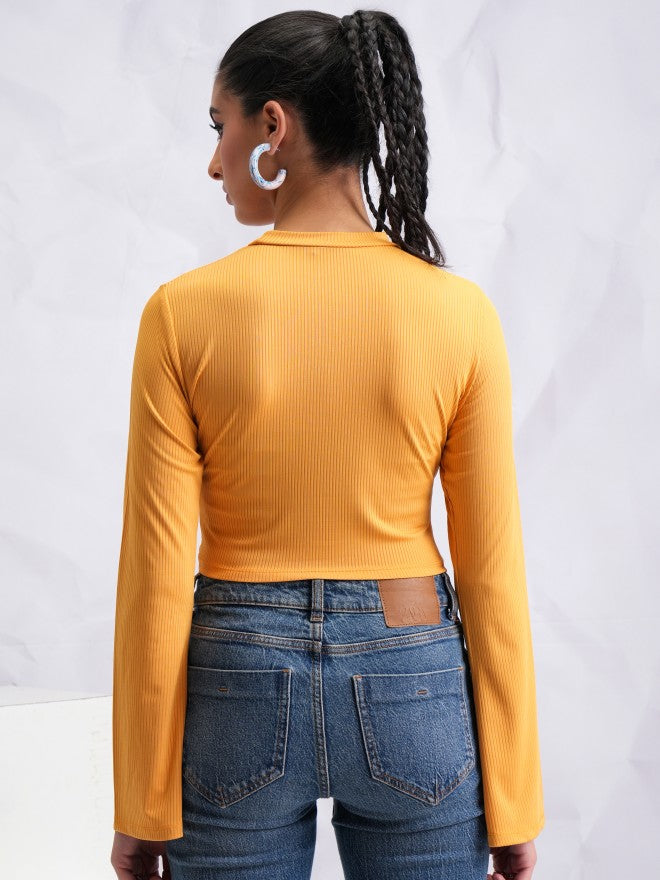 Tokyo Talkies Women Yellow Solid Fitted Top - Yellow - Image 3