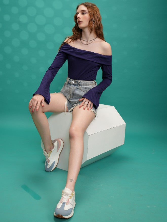 Tokyo Talkies Women Purple Solid Fitted Top - Purple - Image 2