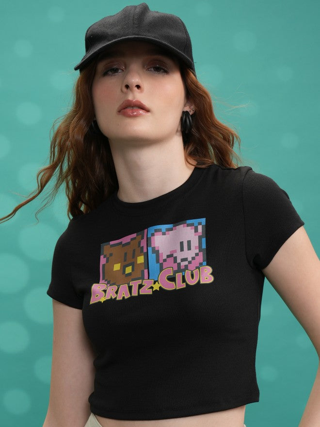 Tokyo Talkies Women Black Printed Fitted Top - Black - Image 1