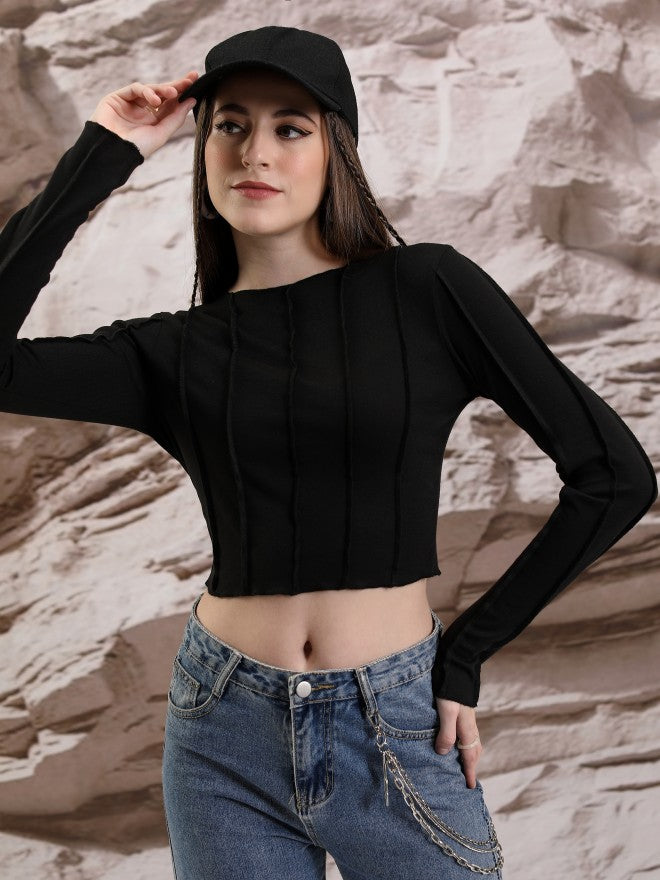 Tokyo Talkies Women Black Solid Fitted Top - Black - Image 1