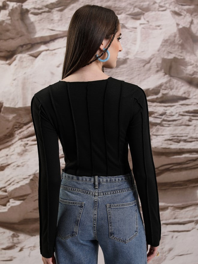 Tokyo Talkies Women Black Solid Fitted Top - Black - Image 3