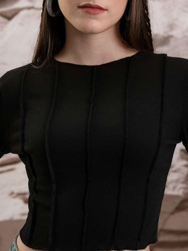 Tokyo Talkies Women Black Solid Fitted Top - Black - Image 5